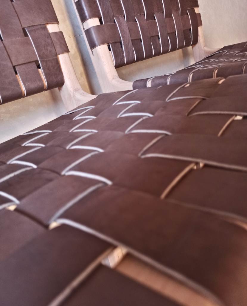 Leather Strap Counter Stool - Natural Teak Wood With Drak Brown Leather