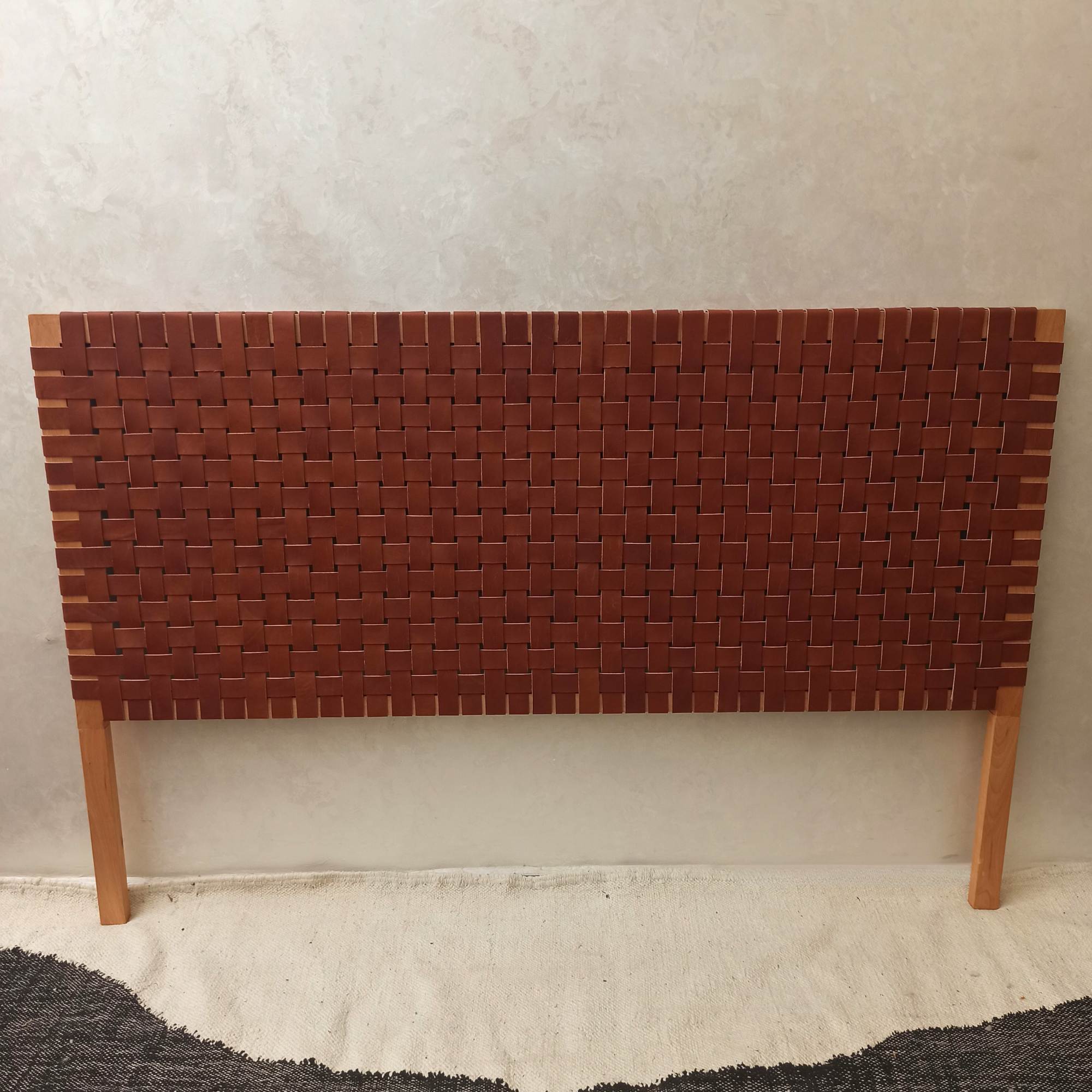 Artihandmade® leather headboard, blending wood and full grain leather.