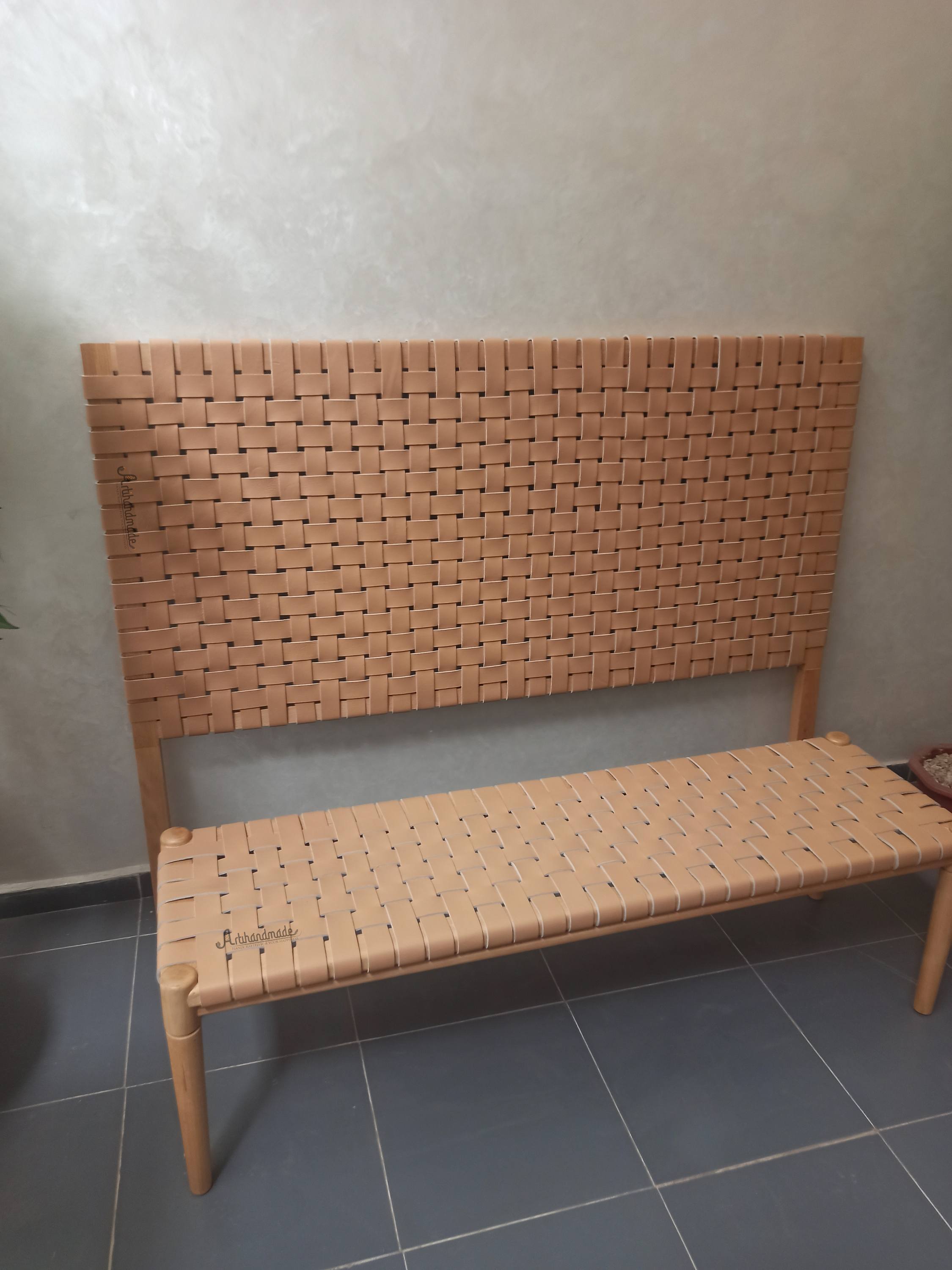 Bundle of leather headboard and bench, handmade from teak wood with full grain leather.
