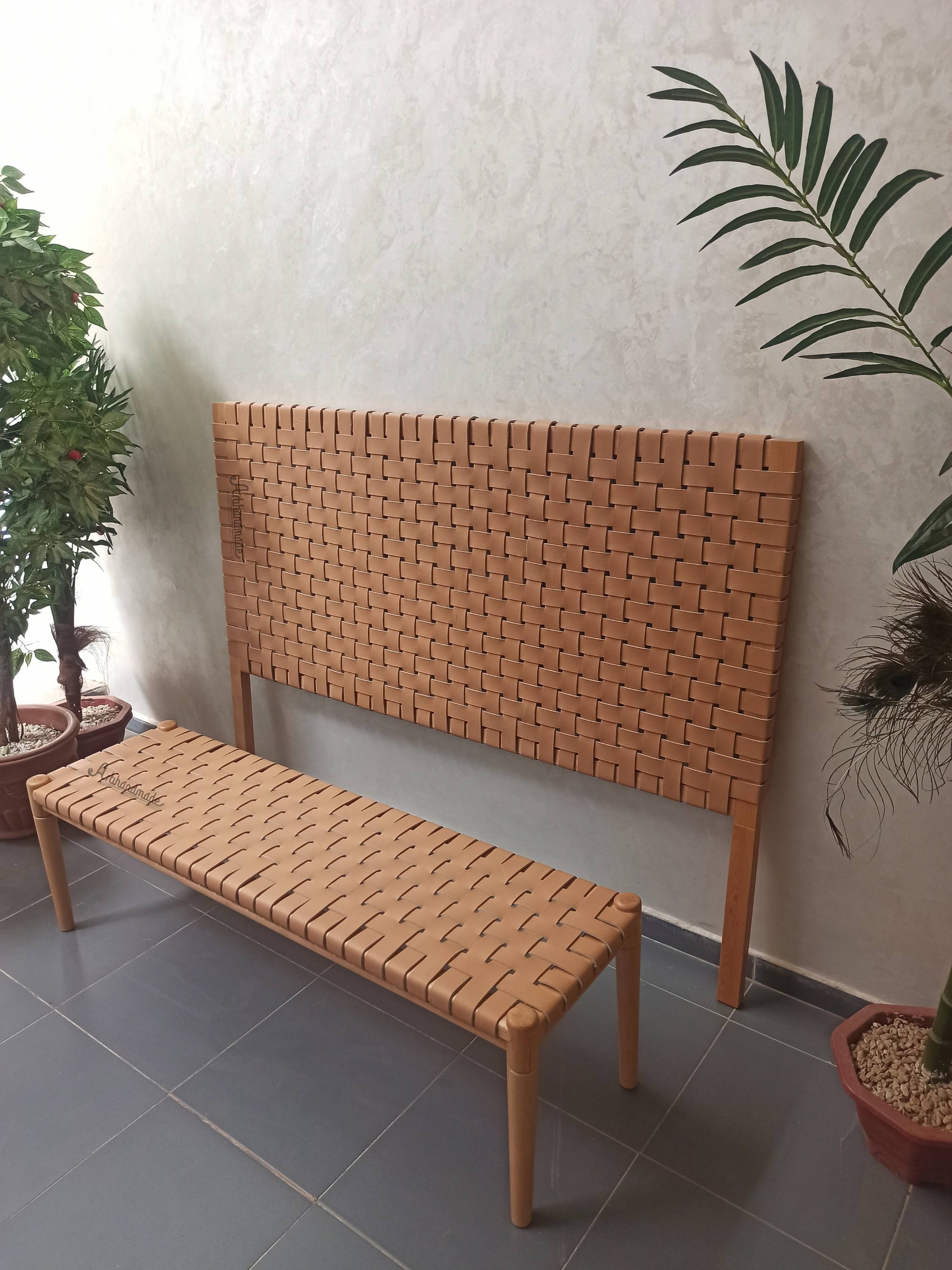 Full grain leather headboard and bench set, custom made with solid teak wood.