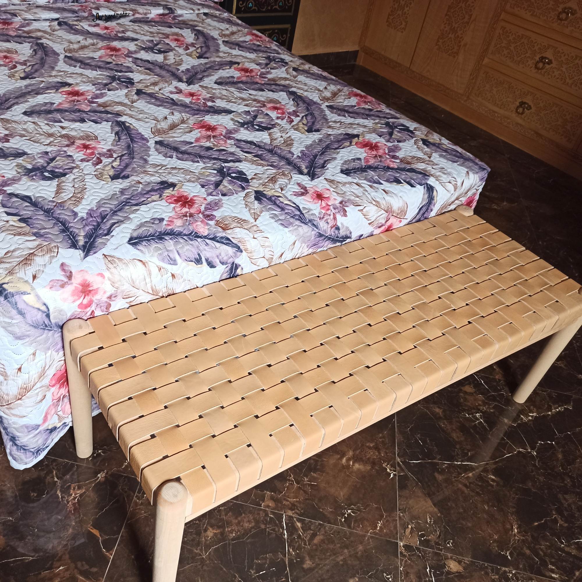 Natural teak wood frame detail of the Helga Entryway Bench, highlighting solid craftsmanship.