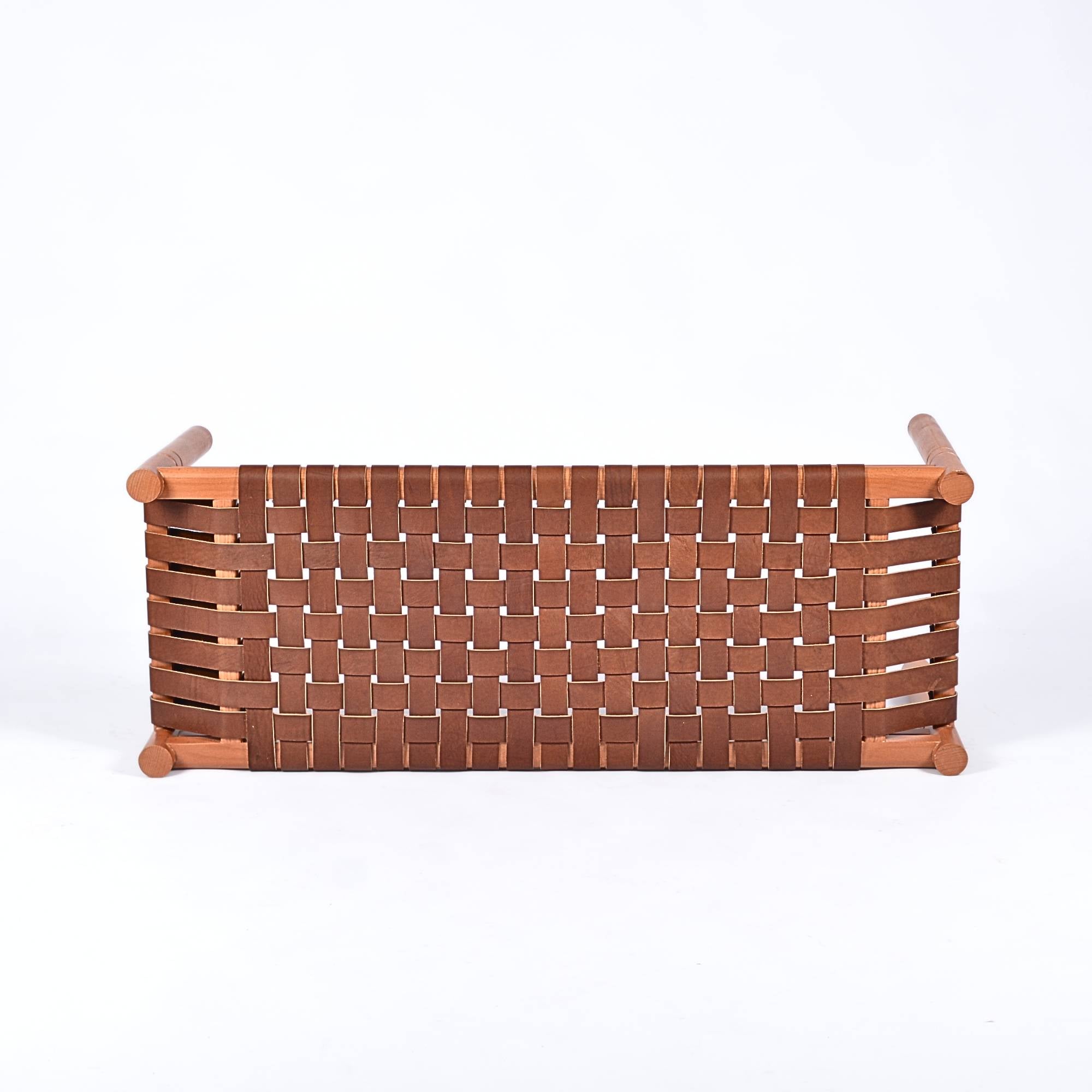 Hilda Woven Leather Bench Cognac Teak Wood With Brown Cognac Strap Leather