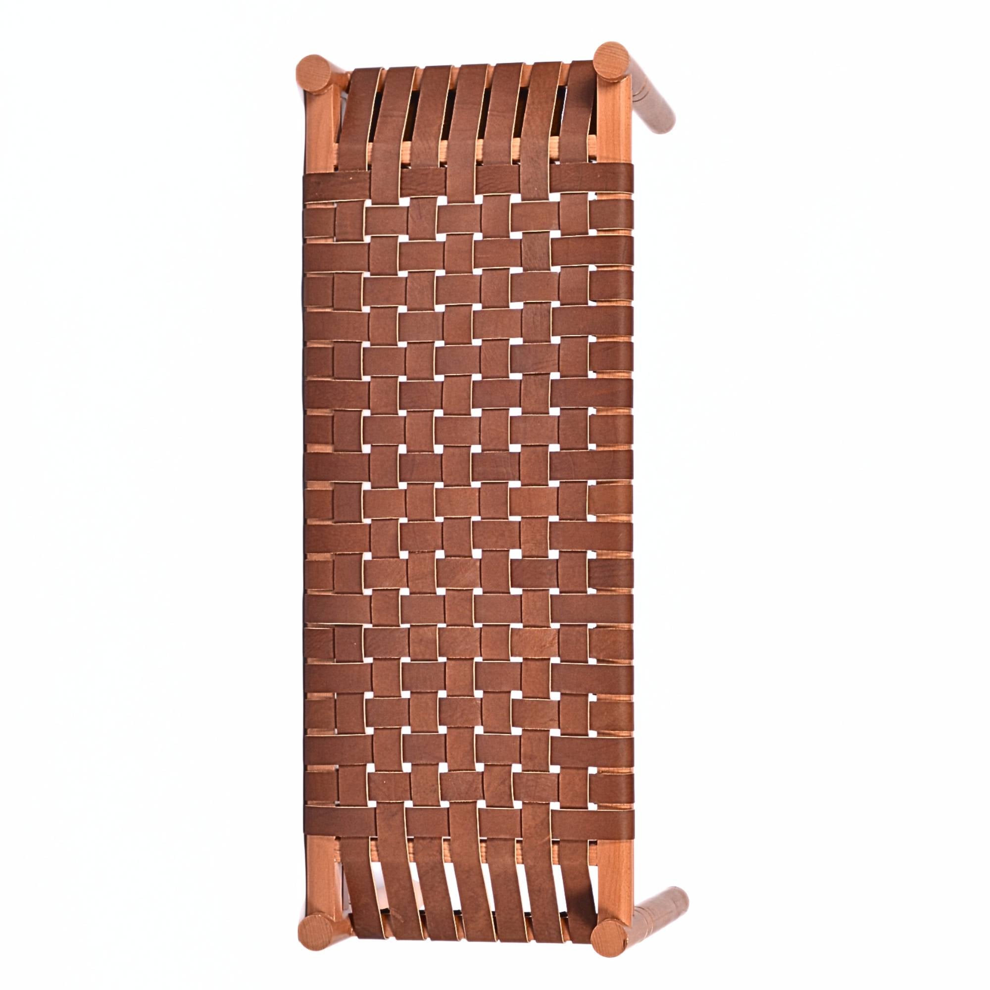 Hilda Woven Leather Bench Cognac Teak Wood With Brown Cognac Strap Leather