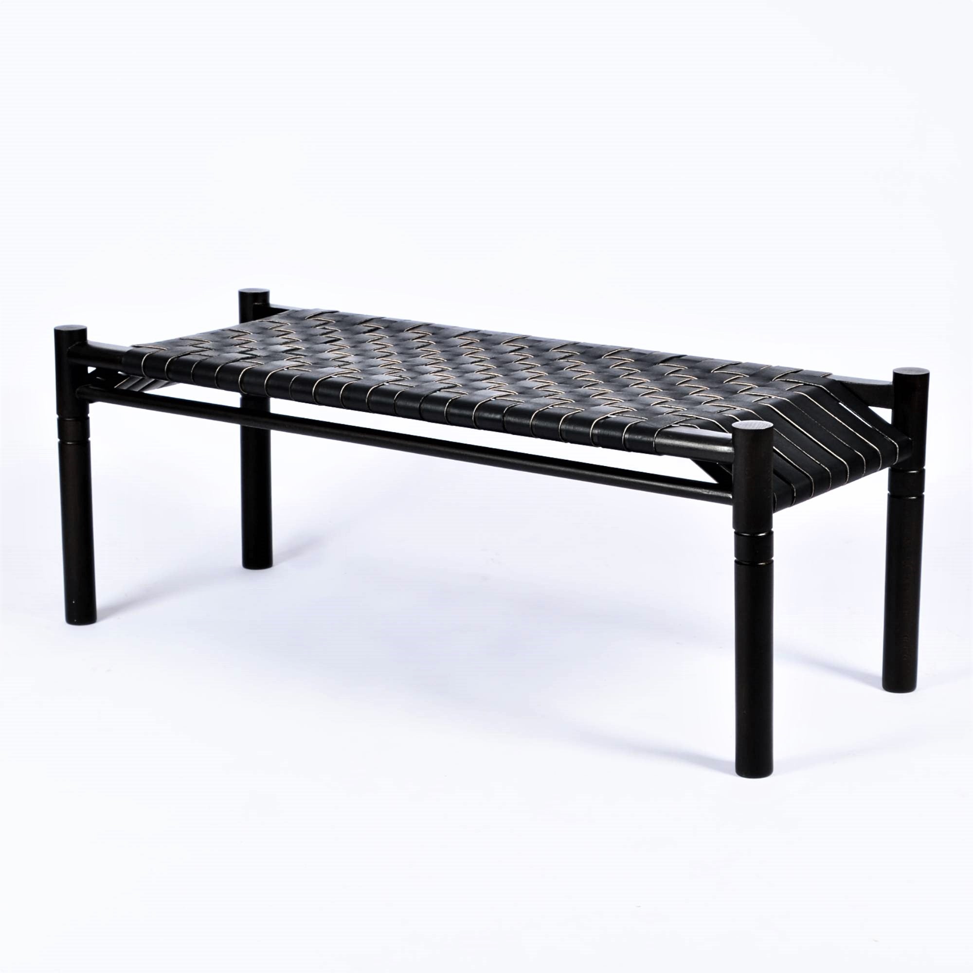 Hilda Woven Leather Bench Black Teak Wood With Black Strap Leather
