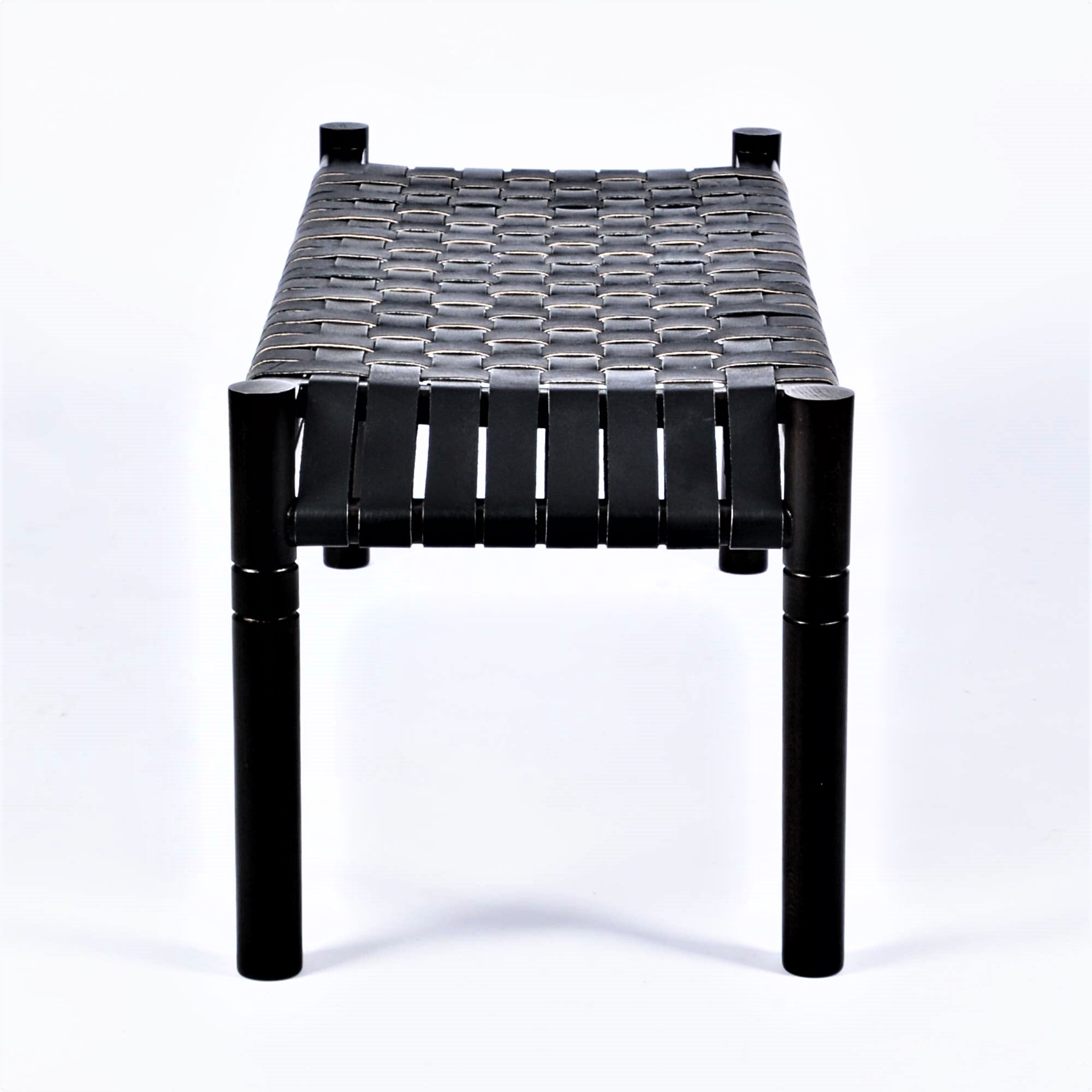 Hilda Woven Leather Bench Black Teak Wood With Black Strap Leather