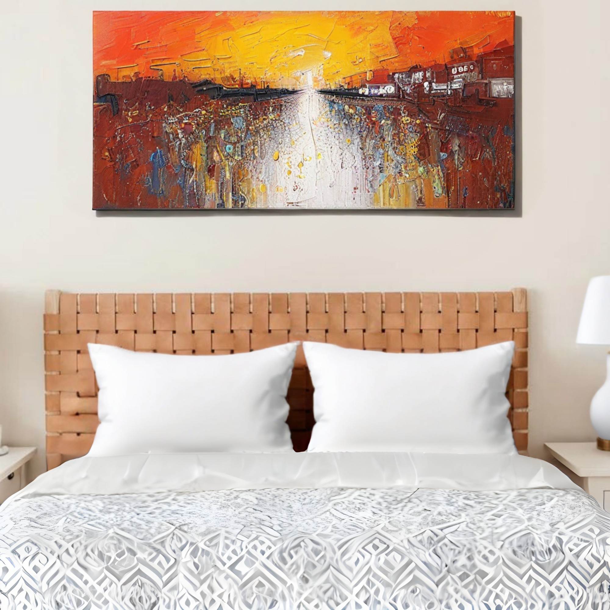 Front view of a contemporary strap woven leather headboard with a bold, stylish design king size headboard