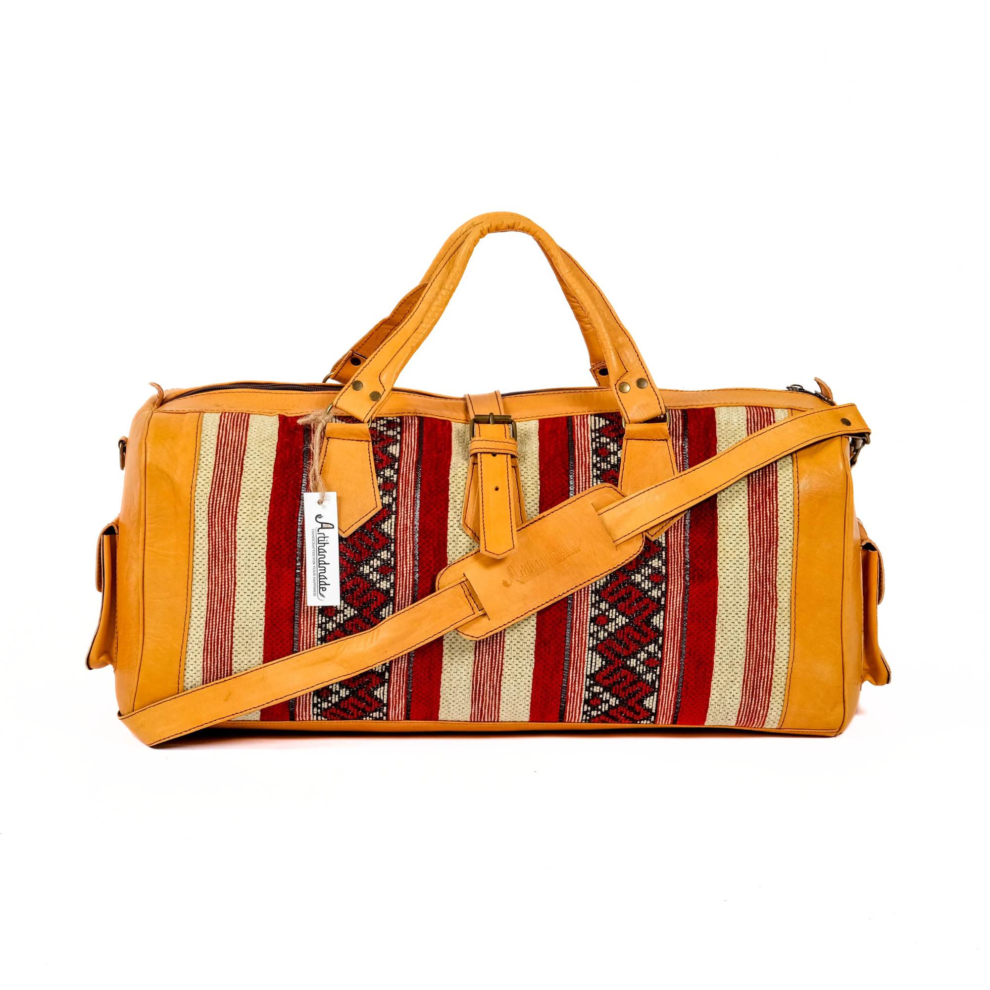 Artisan Leather Kilim Travel Duffel Bag - Mustard