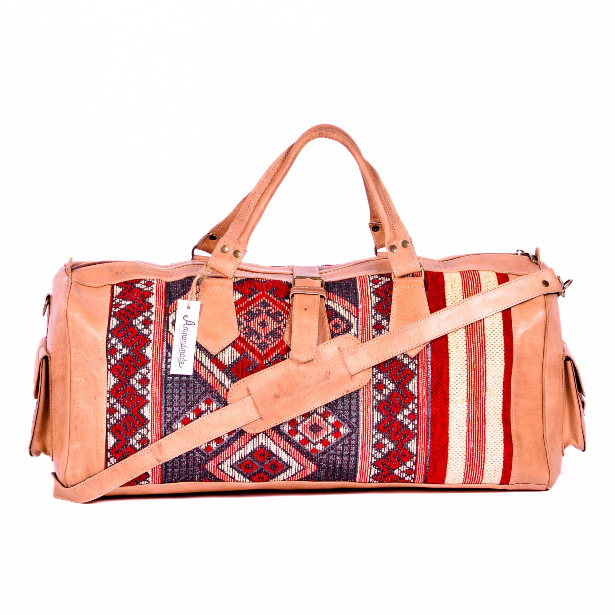 Artisan Leather & Kilim Travel Duffel Bag - Tan Natural