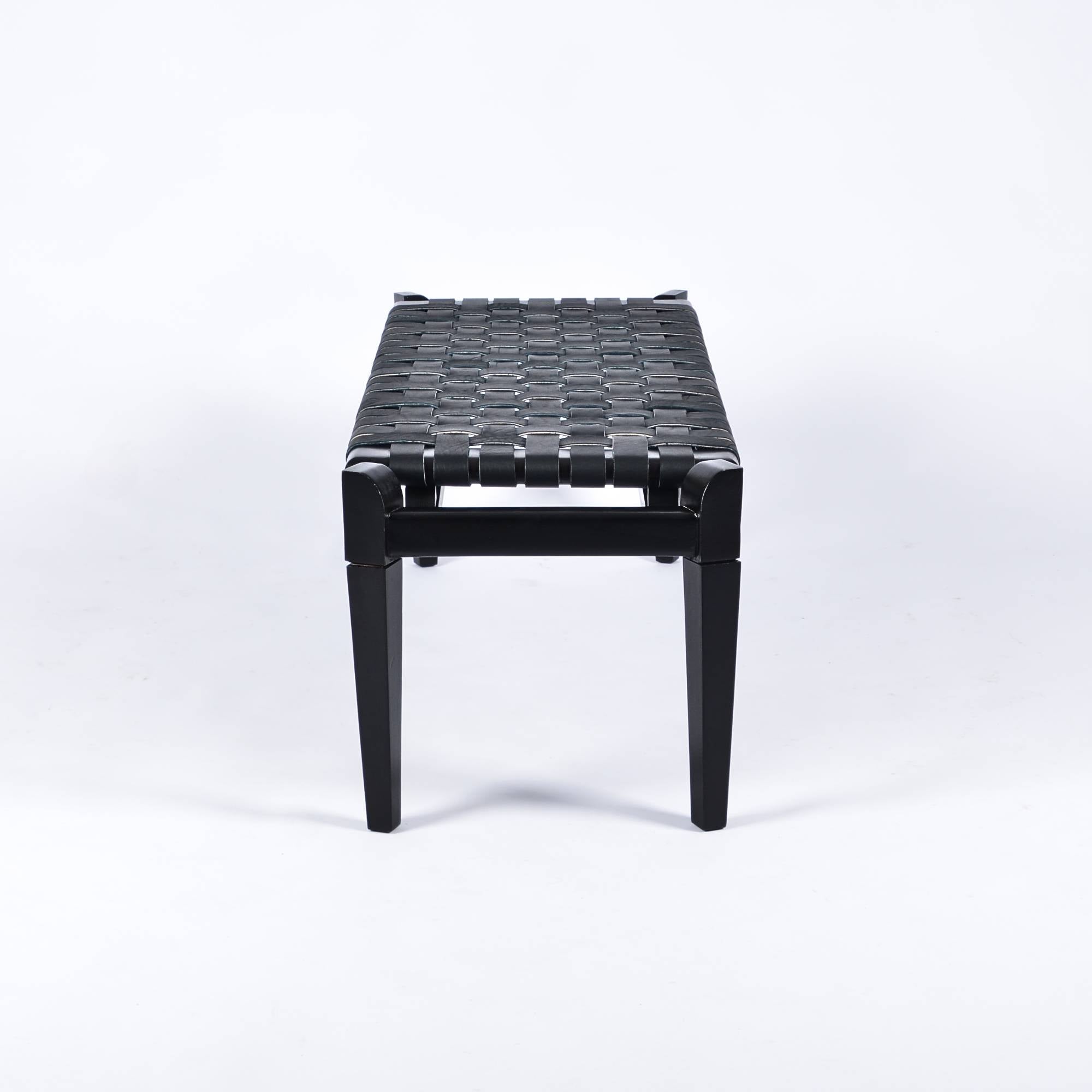 Leif Woven Leather Bench Black Teak Wood With Black Strap Leather
