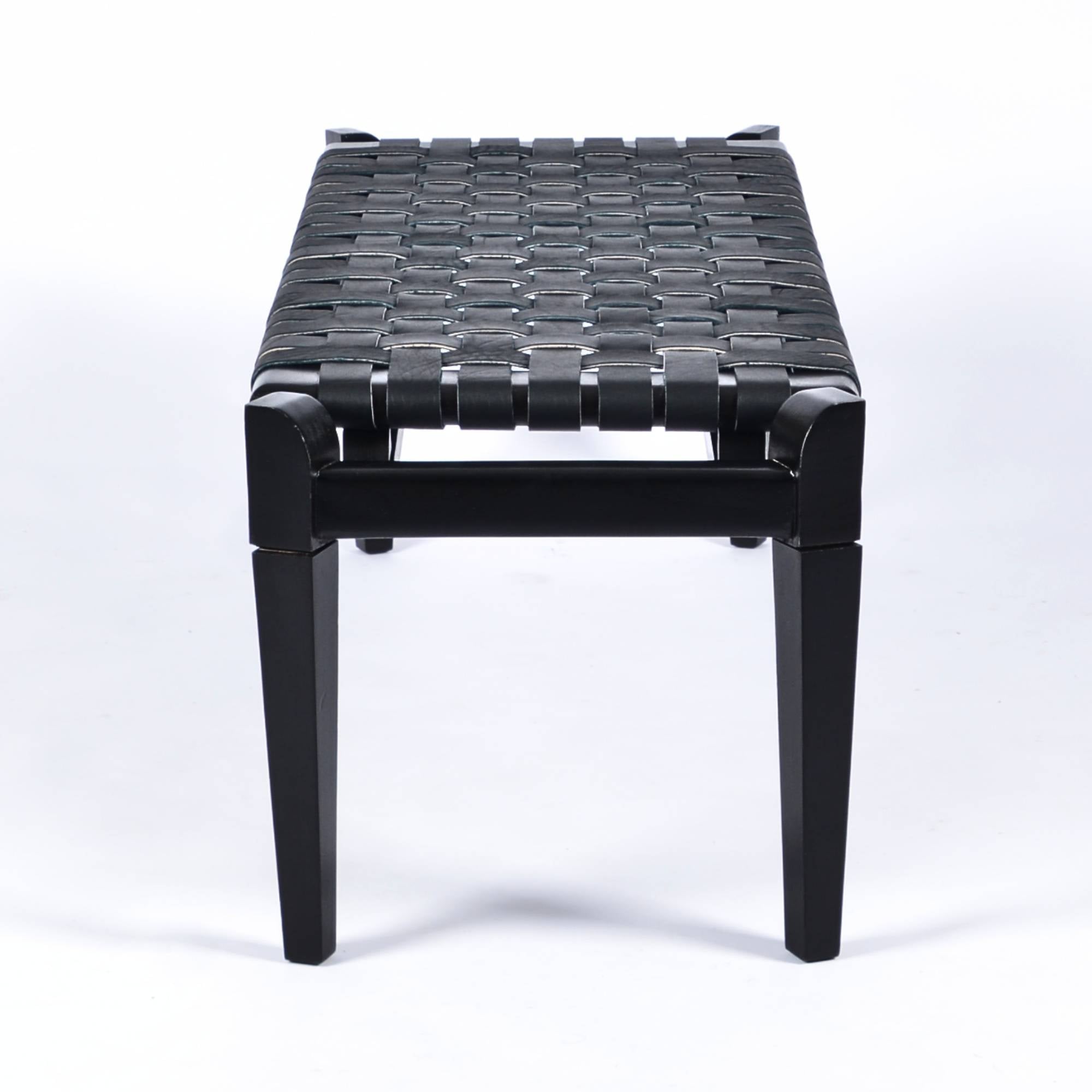 Leif Woven Leather Bench Black Teak Wood With Black Strap Leather