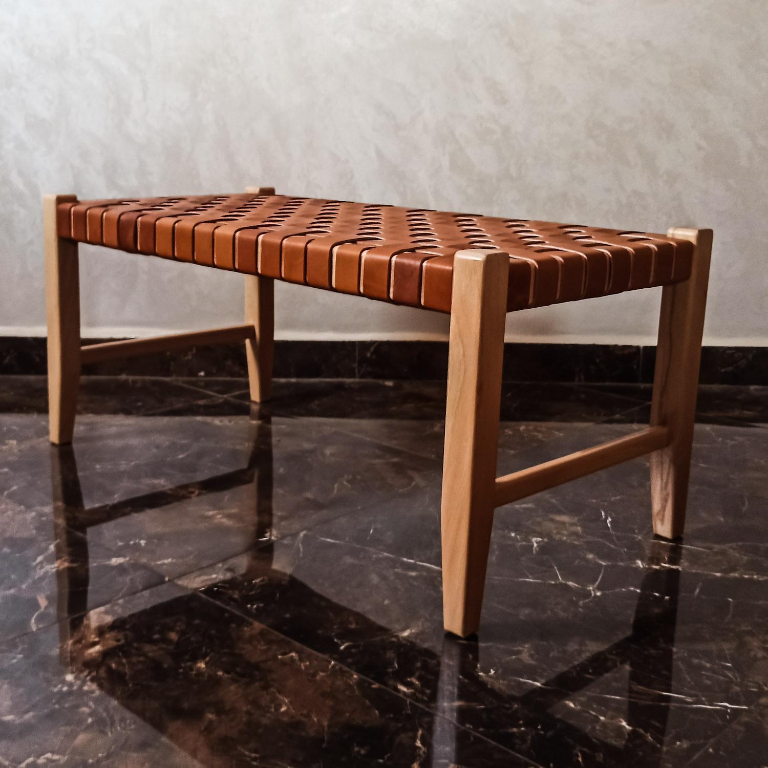 Ragnar woven leather bench Varnished Teak