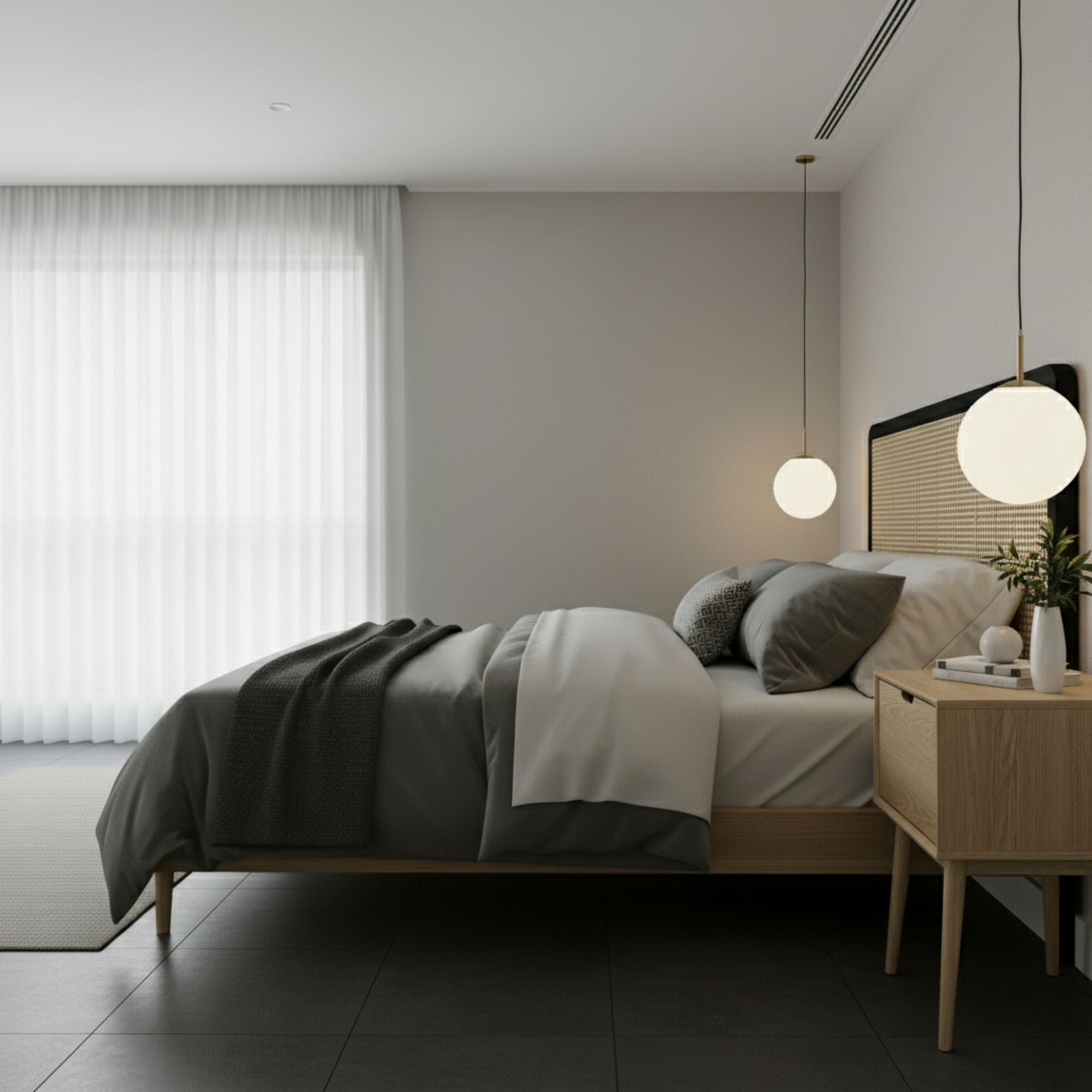 Modern bedroom with arattan headboard, nightstands, and pendant lights.