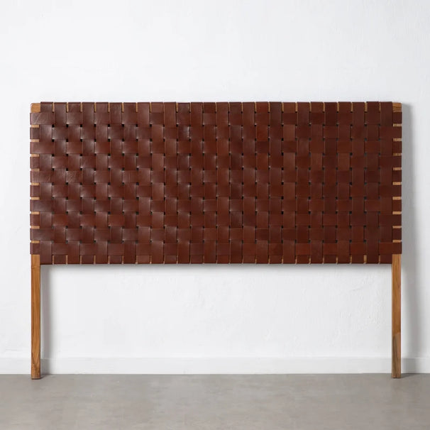 front view Detailed focus on the distressed leather texture in a Scandinavian  King Size Headboard inspired woven headboard.