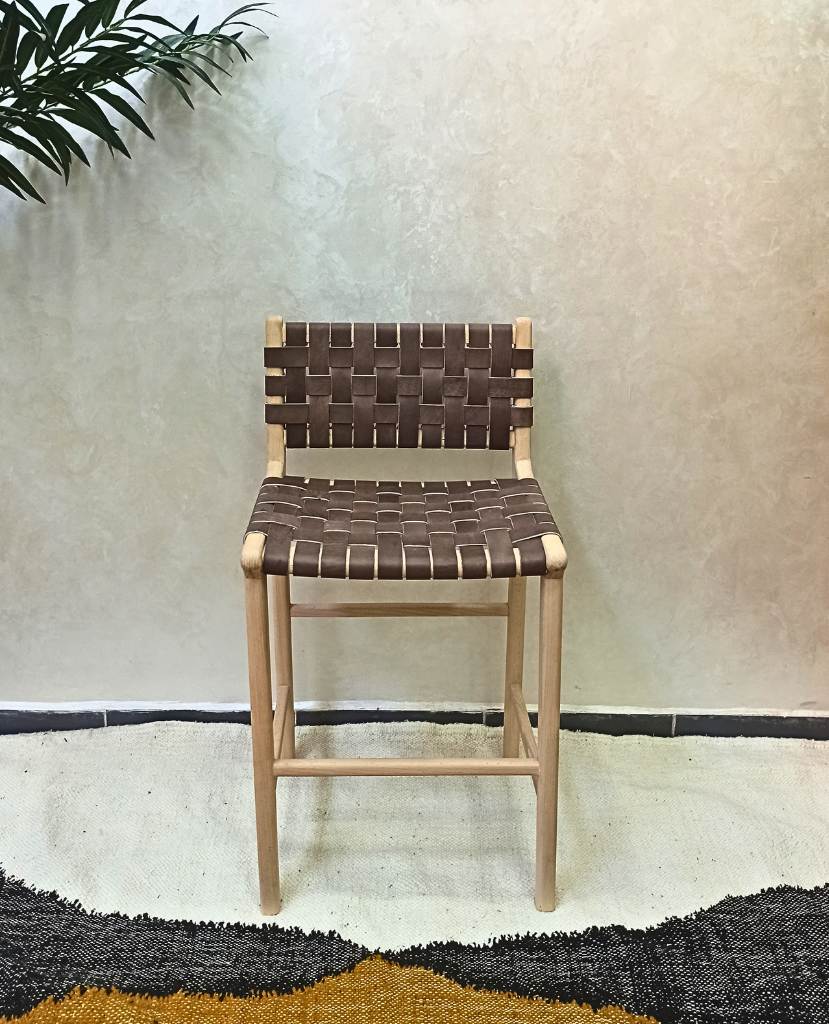Leather Strap Counter Stool - Natural Teak Wood With Drak Brown Leather