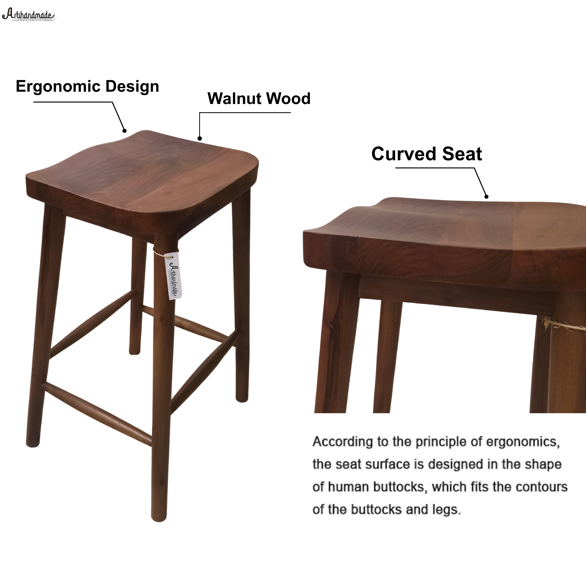 Wooden stool with ergonomic design labeled on a white background