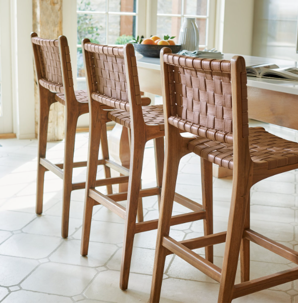 Leather Woven Strap Counter Stool - Natural Teak Wood With Beige Leather