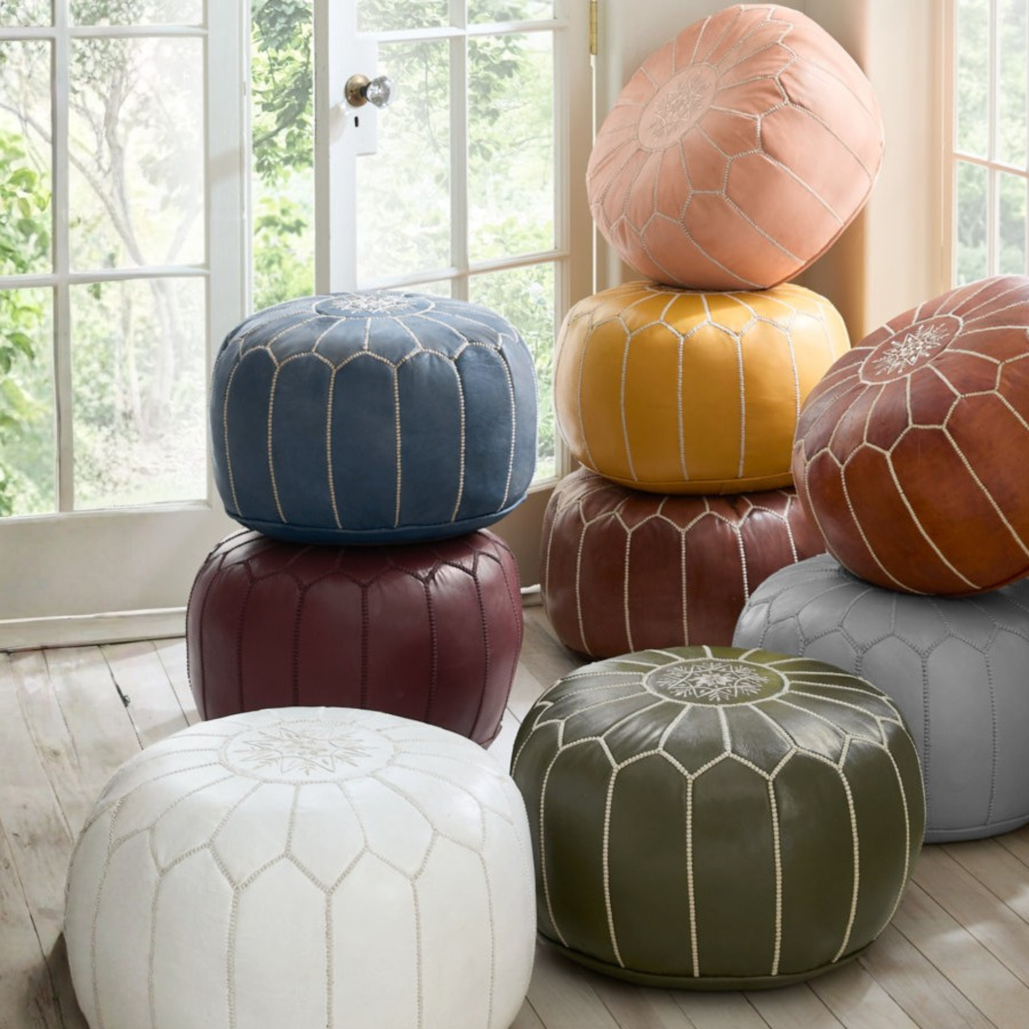 Round Leather Poufs