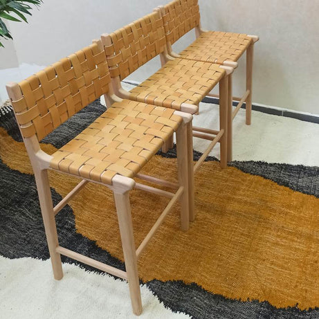 Leather Woven Strap Counter Stool - Natural Teak Wood With Beige Leather