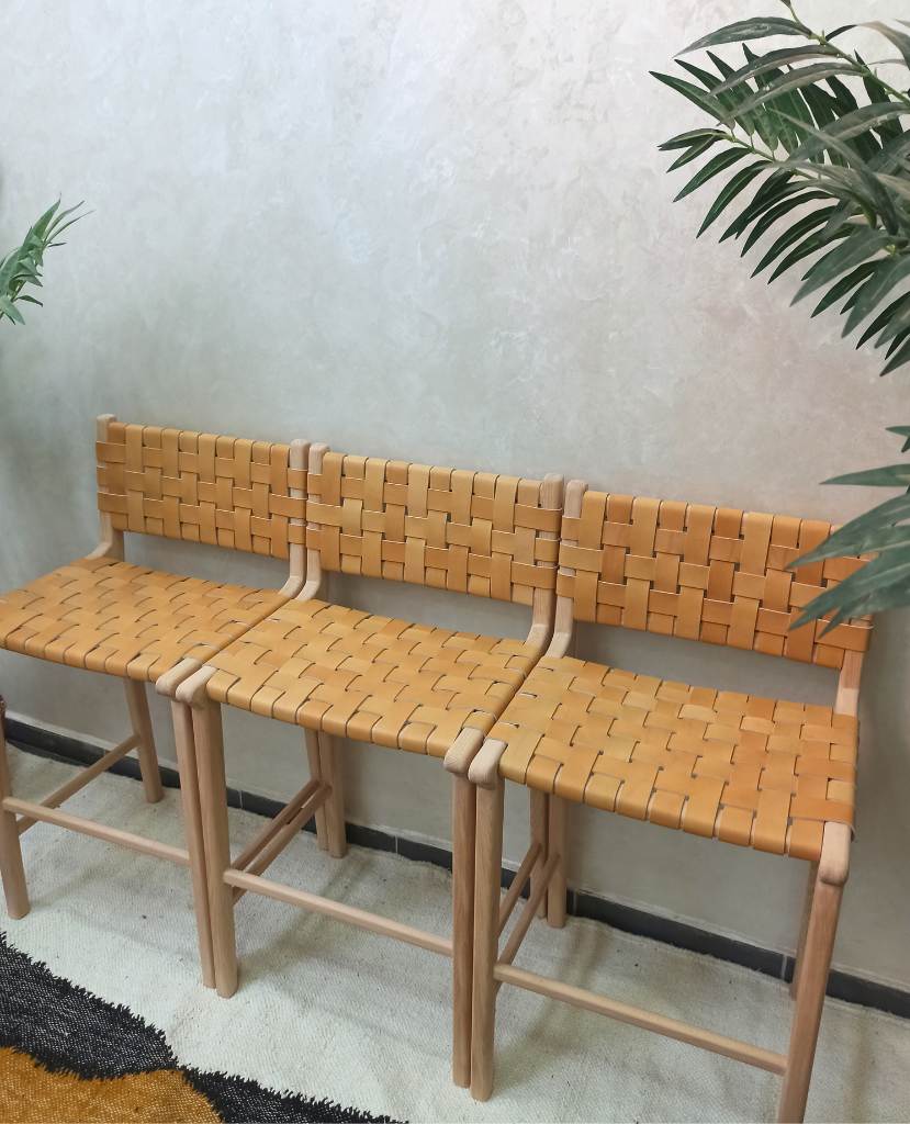 Leather Woven Strap Counter Stool - Natural Teak Wood With Beige Leather
