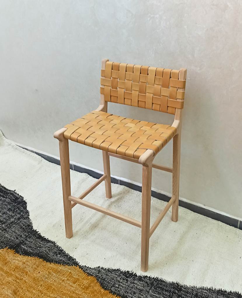 Leather Woven Strap Counter Stool - Natural Teak Wood With Beige Leather