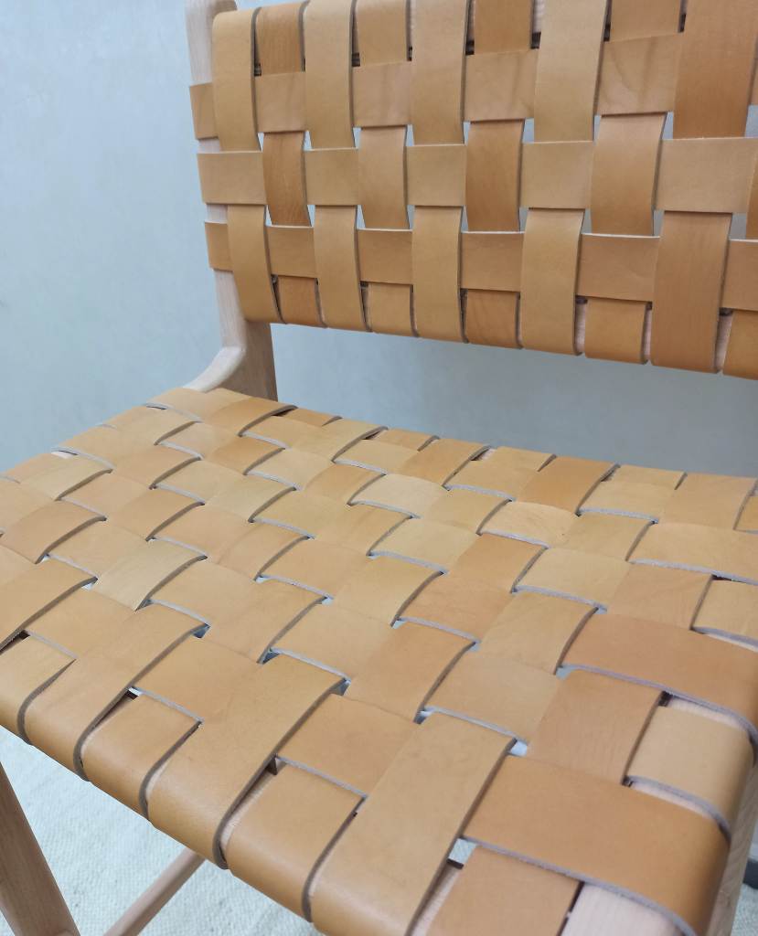 Leather Woven Strap Counter Stool - Natural Teak Wood With Beige Leather