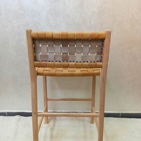 Leather Woven Strap Counter Stool - Natural Teak Wood With Beige Leather