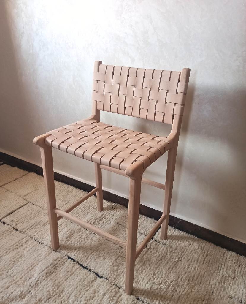 Leather Counter Stool - Natural Teak Wood With Natural Leather