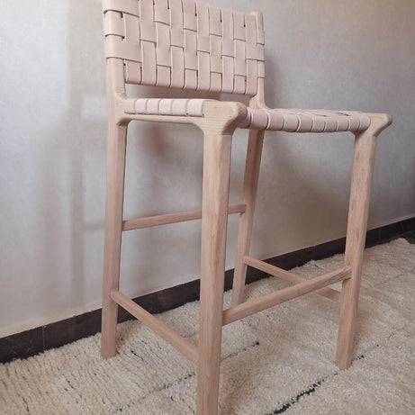 Leather Counter Stool - Natural Teak Wood With Natural Leather
