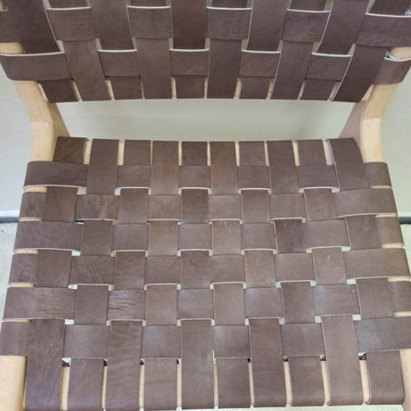 Leather Strap Counter Stool - Natural Teak Wood With Drak Brown Leather