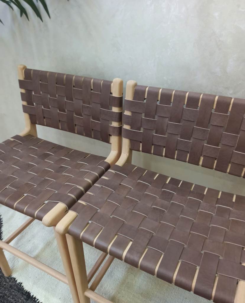 Leather Strap Counter Stool - Natural Teak Wood With Drak Brown Leather