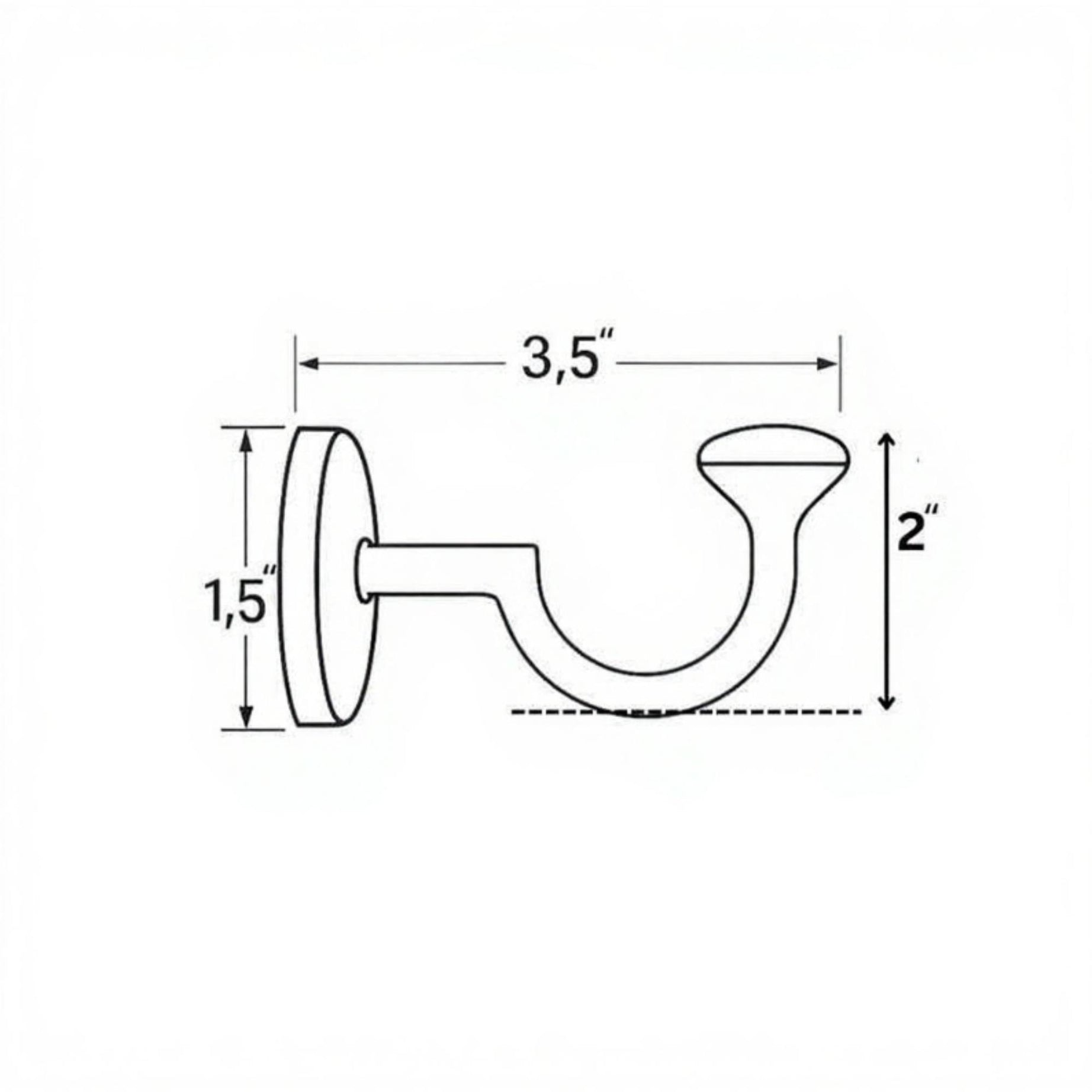 Measurement diagram of a brass hook with dimensions labeled