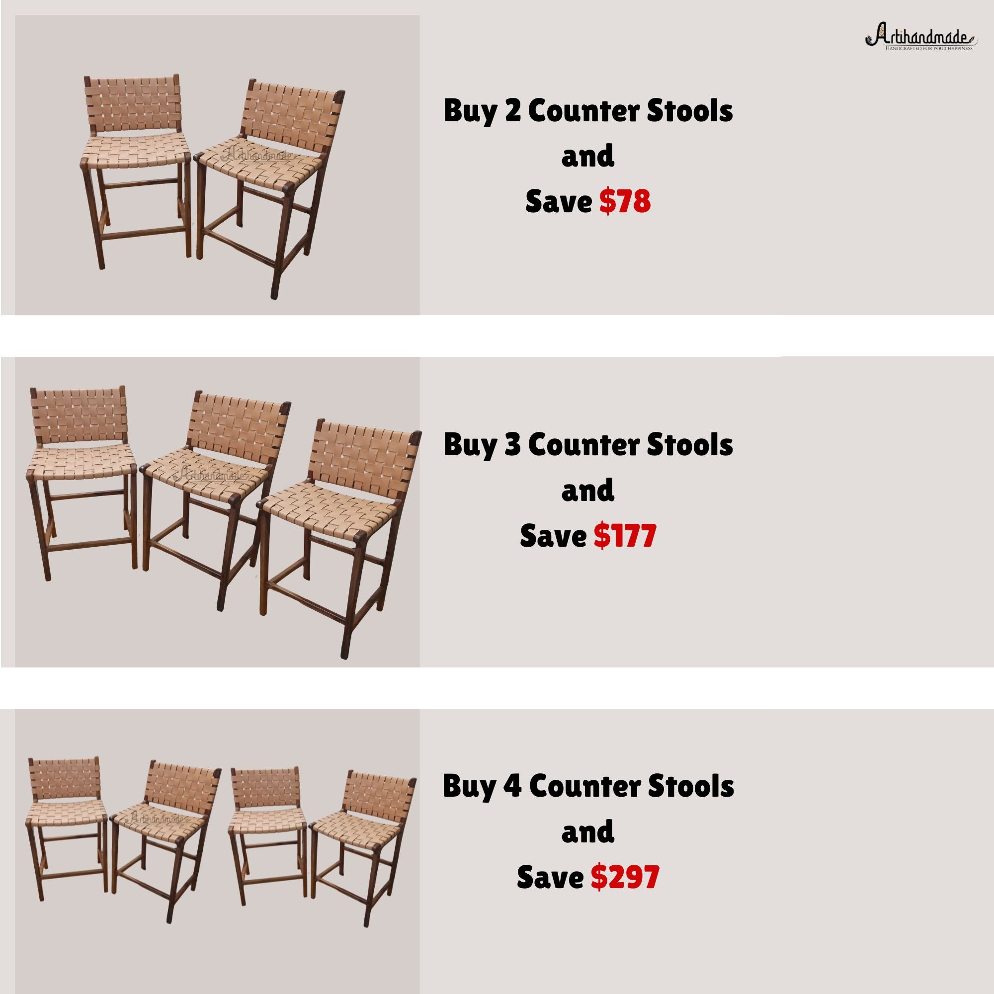 Walnut Counter Stools, Natural Teak Wood With beige Leather.