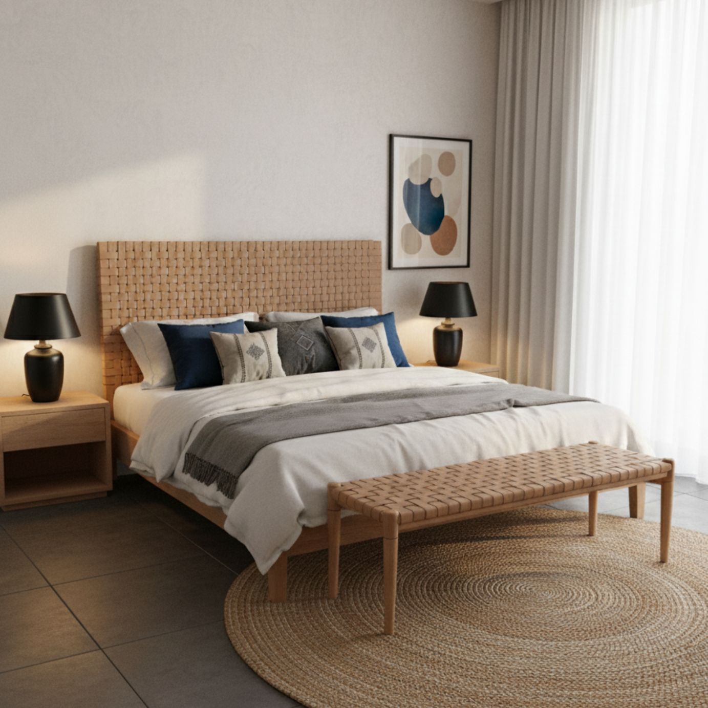Bundle Leather Headboard and Bench, Custom Sizes, Wall-Mounted or Freestanding, Handcrafted Teak Wood With Full Grain Leather.