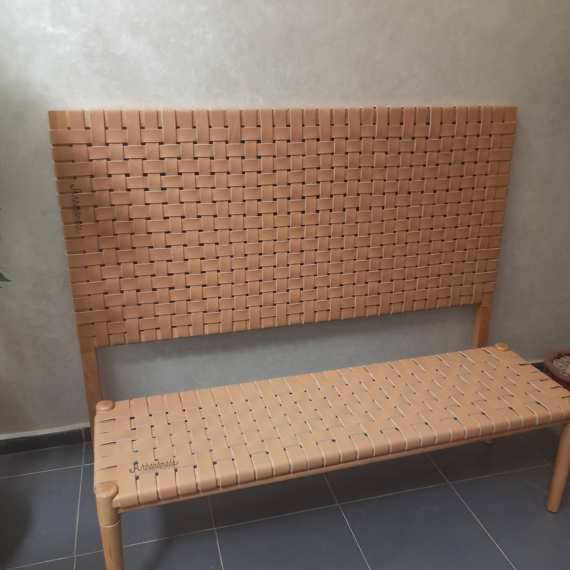 Bundle of leather headboard and bench, handmade from teak wood with full grain leather.