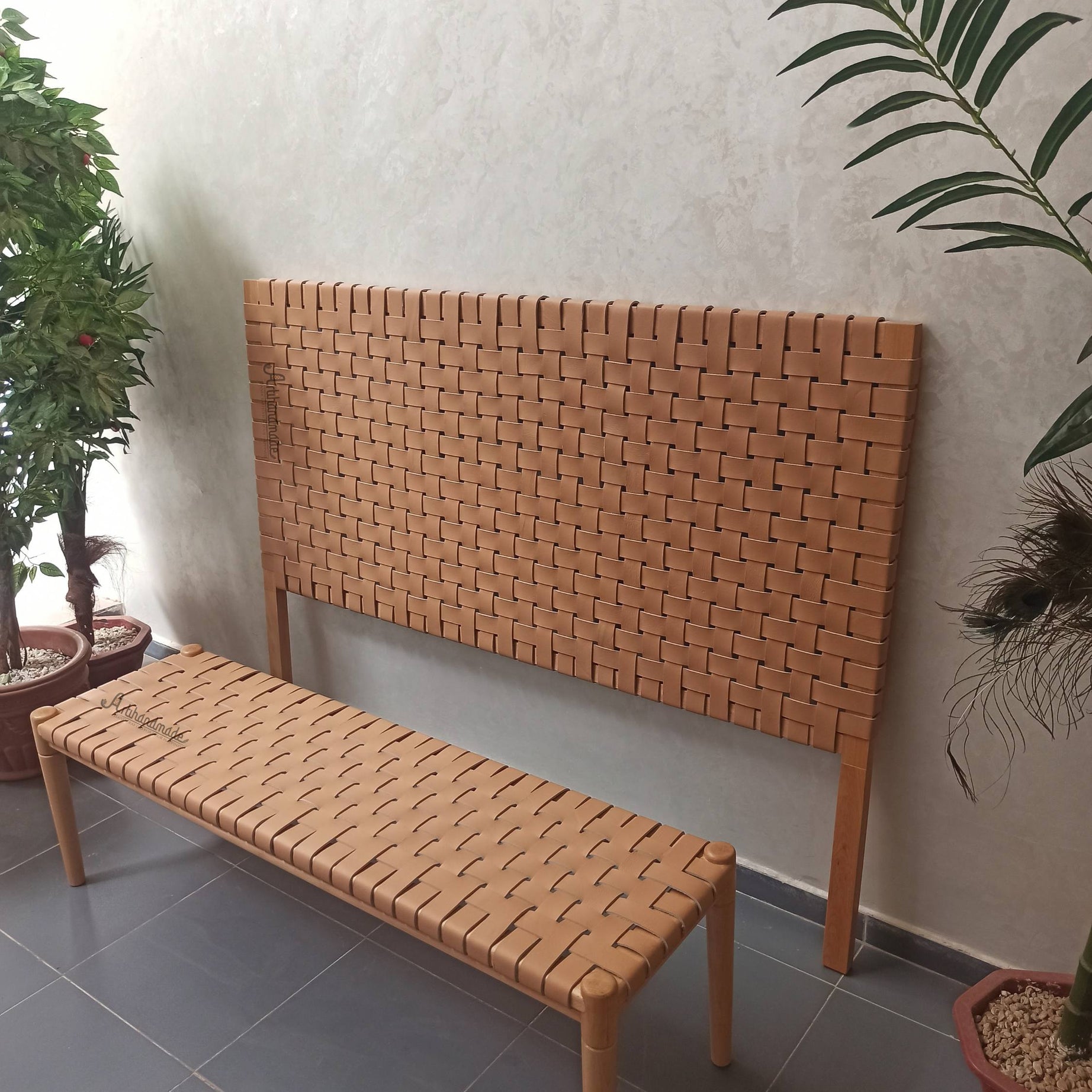 Full grain leather headboard and bench set, custom made with solid teak wood.