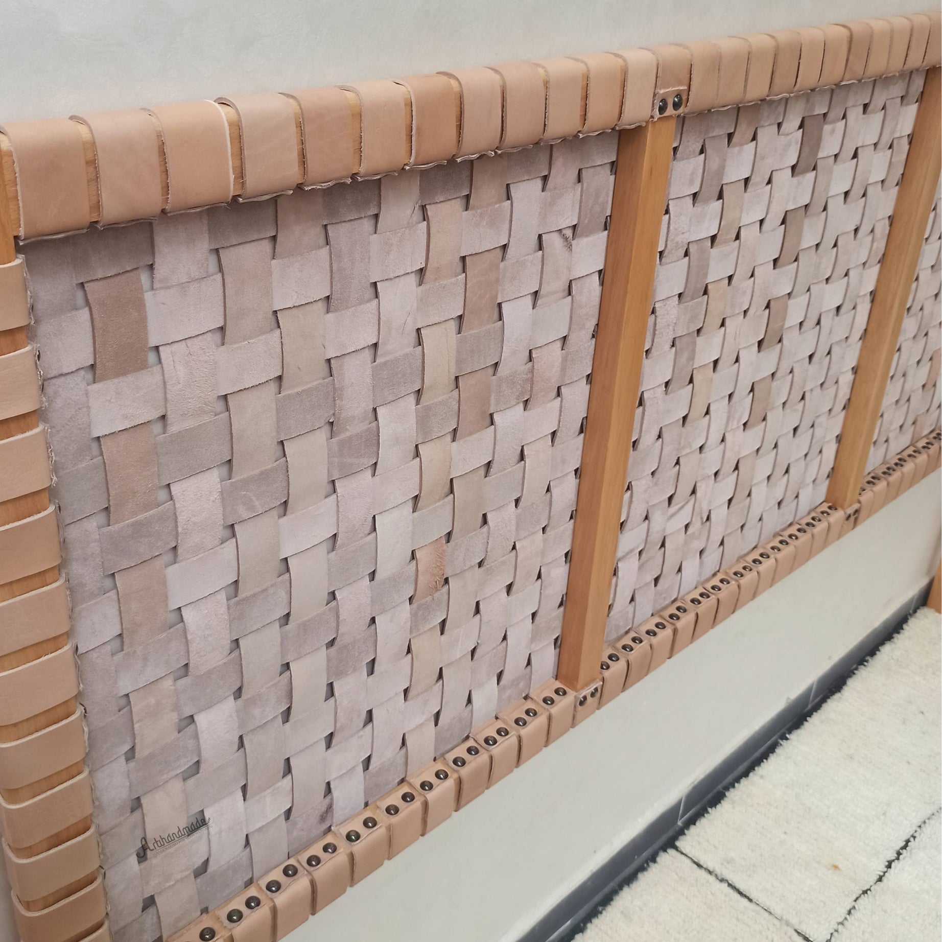 Handmade teak wood headboard and bench bundle with rich full grain leather finish.