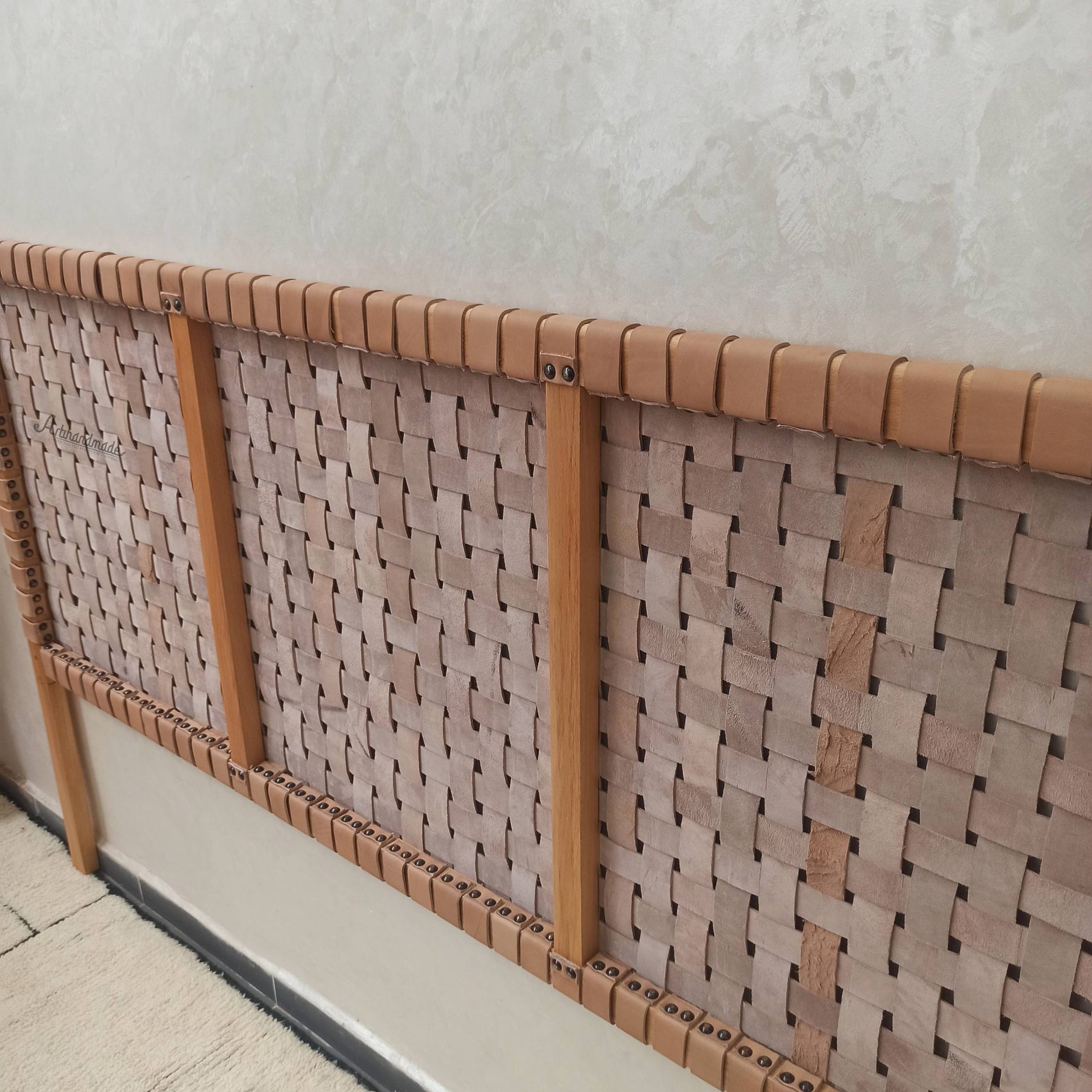 Leather headboard and bench combo, custom sizes, wall-mounted or freestanding design.