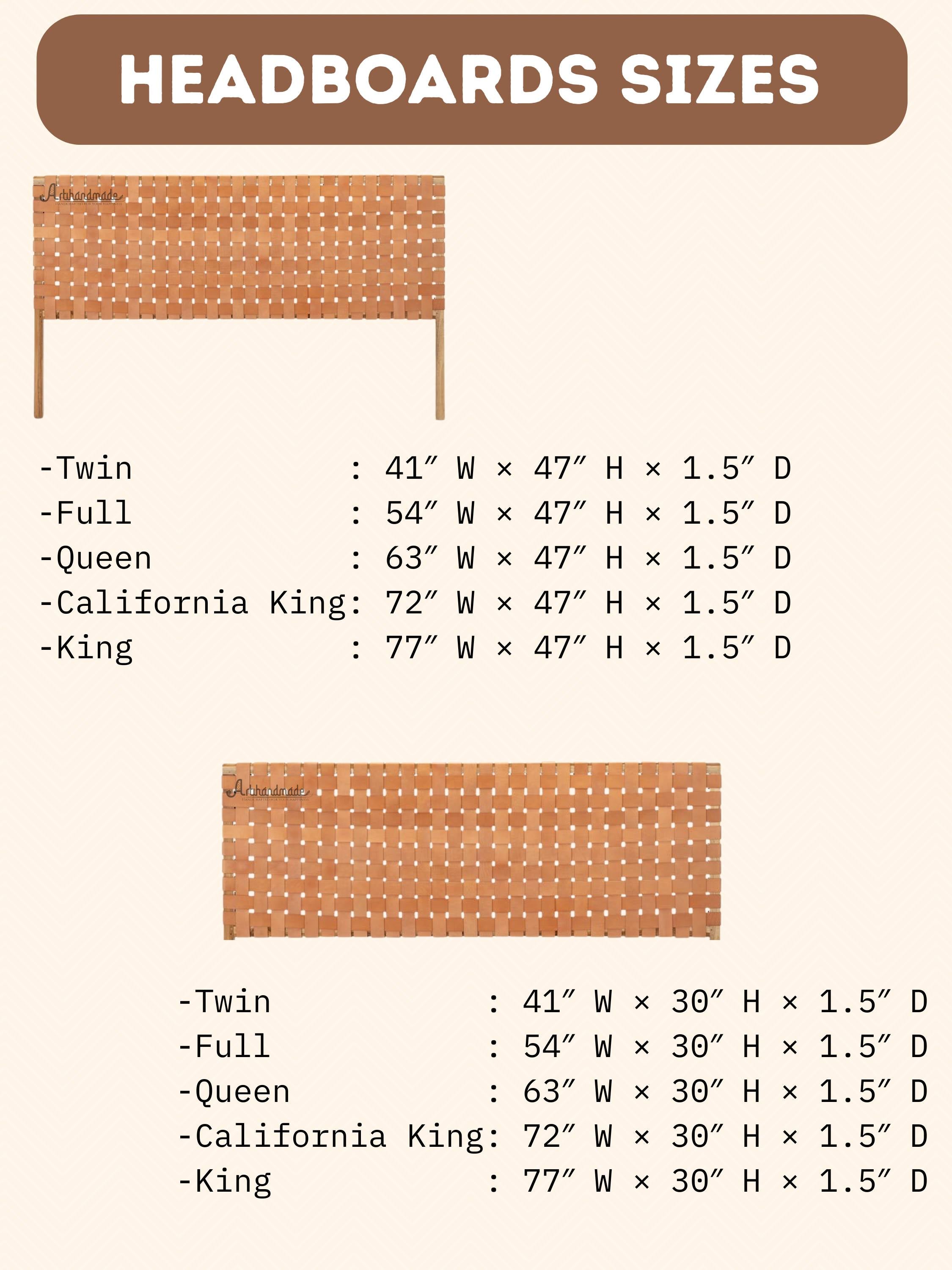 Chart showing headboard sizes with dimensions for twin, full, queen, California king, and king sizes.