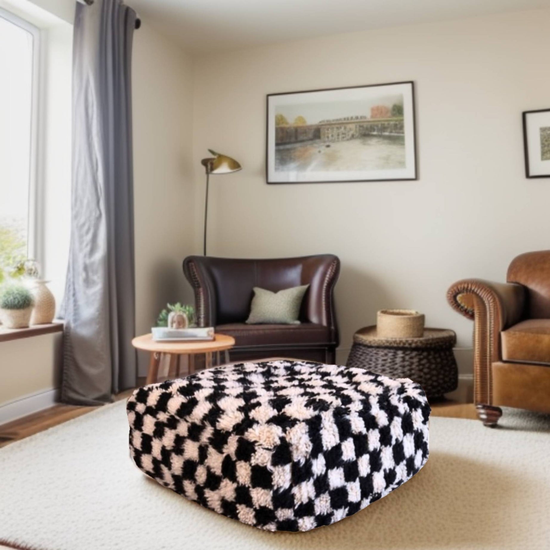 Checkered Wool Square Ottoman Pouf