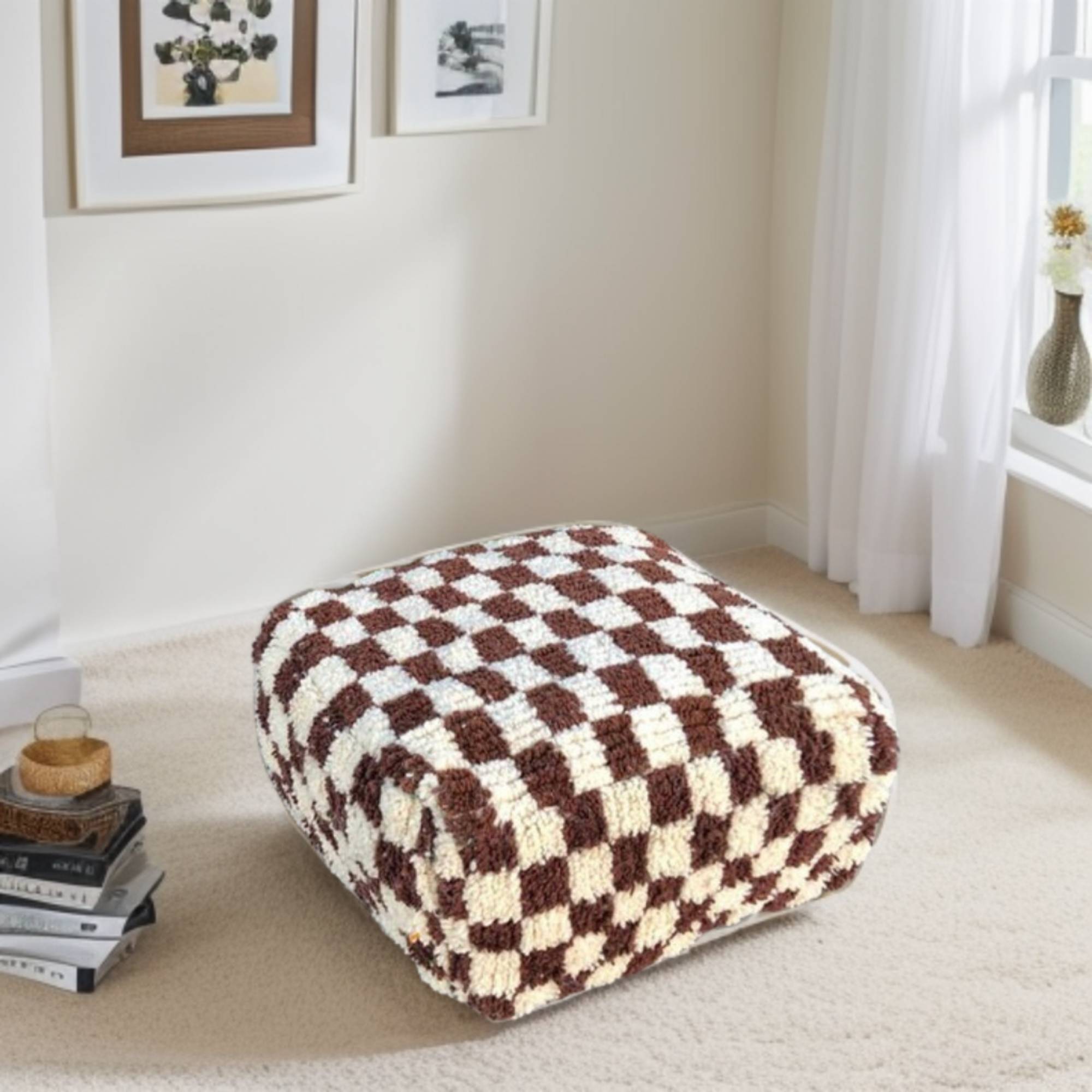 Checkered Wool Square Ottoman Pouf