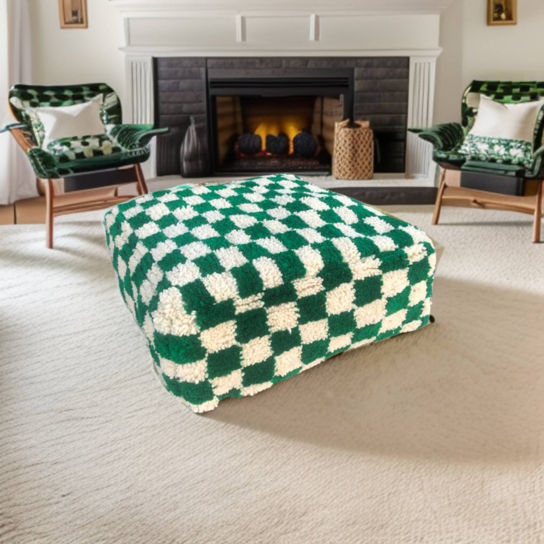 Checkered Wool Square Ottoman Pouf