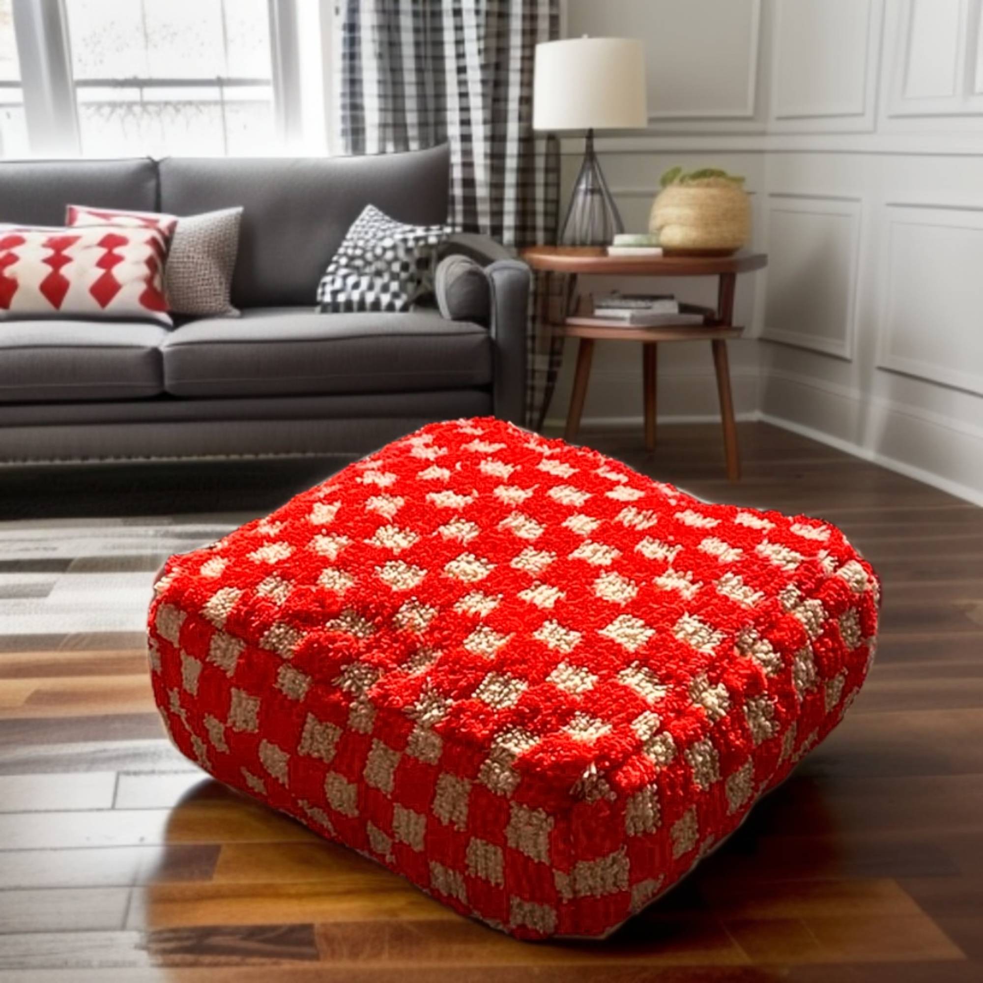 Checkered Wool Square Ottoman Pouf