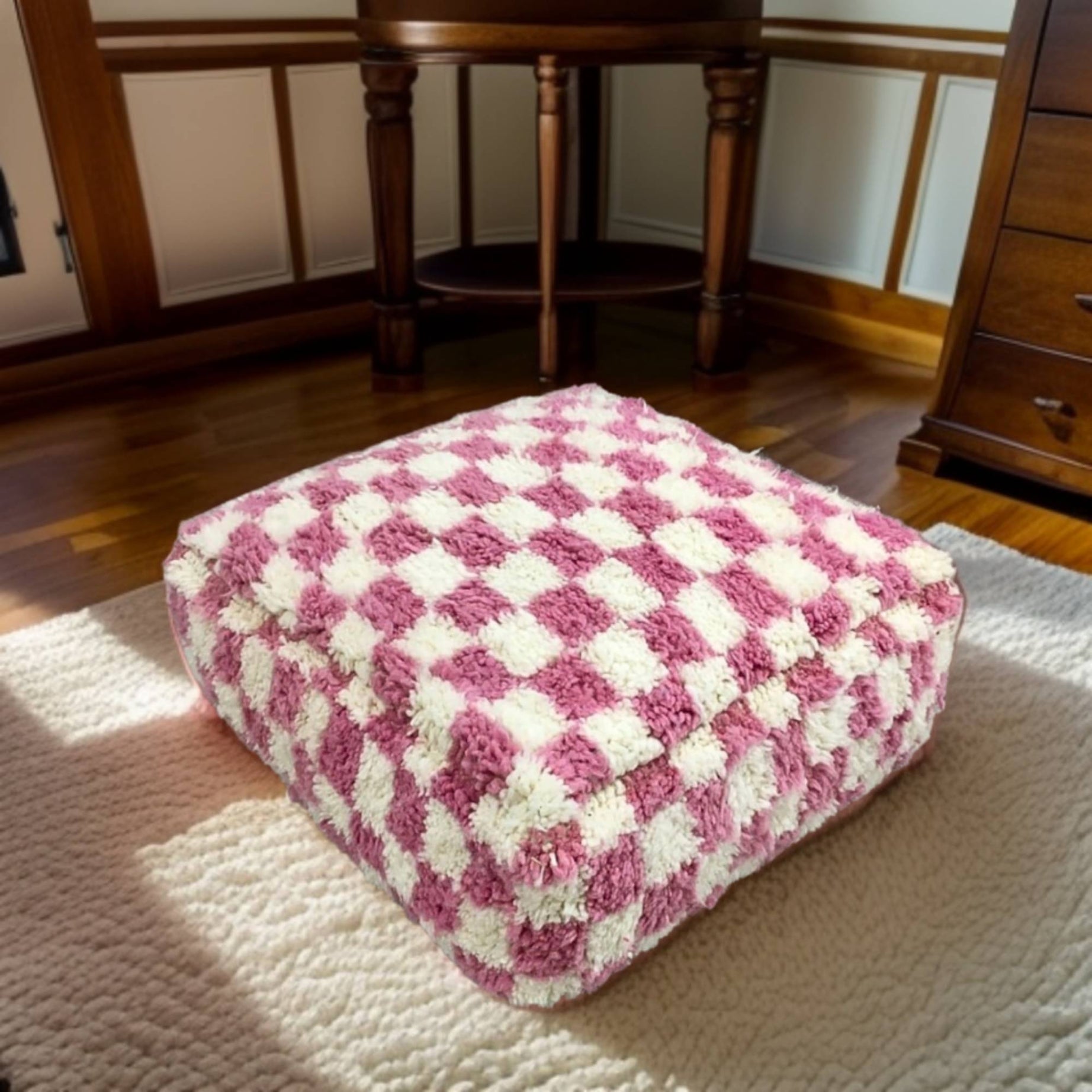 Checkered Wool Square Ottoman Pouf