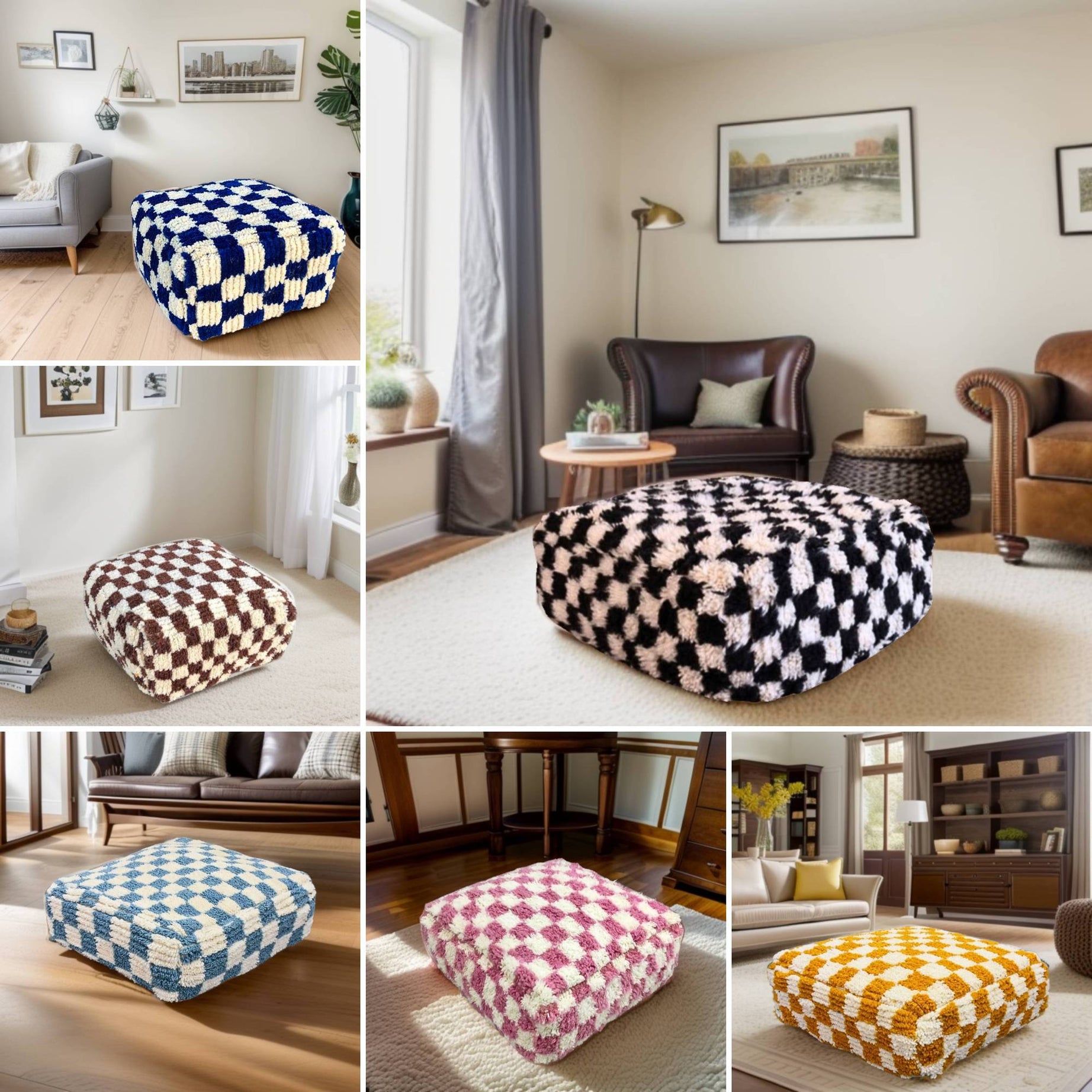 Checkered Wool Square Ottoman Pouf