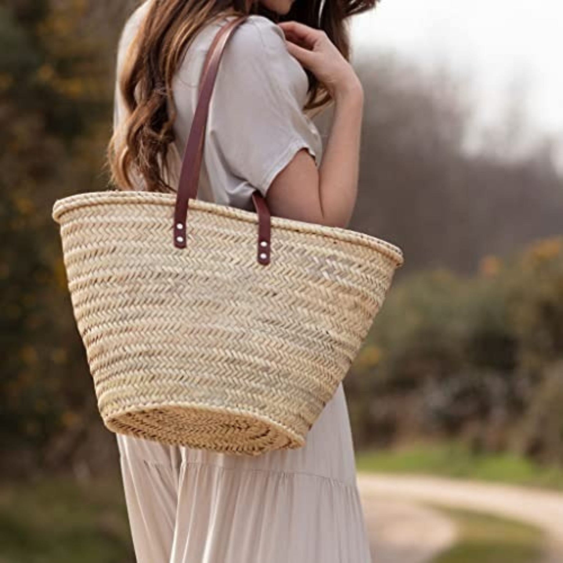 French Basket Woven Palm Leaves With Leather Handles Beach Bag