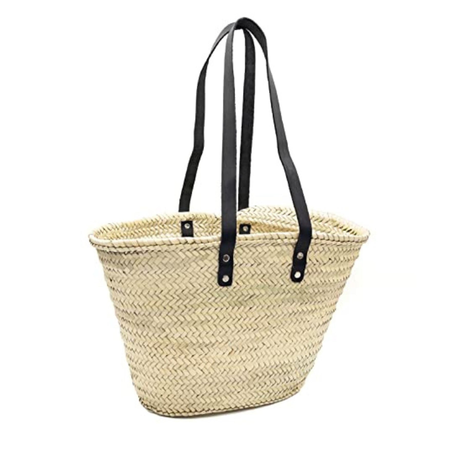 French Basket Woven Palm Leaves With Leather Handles Beach Bag