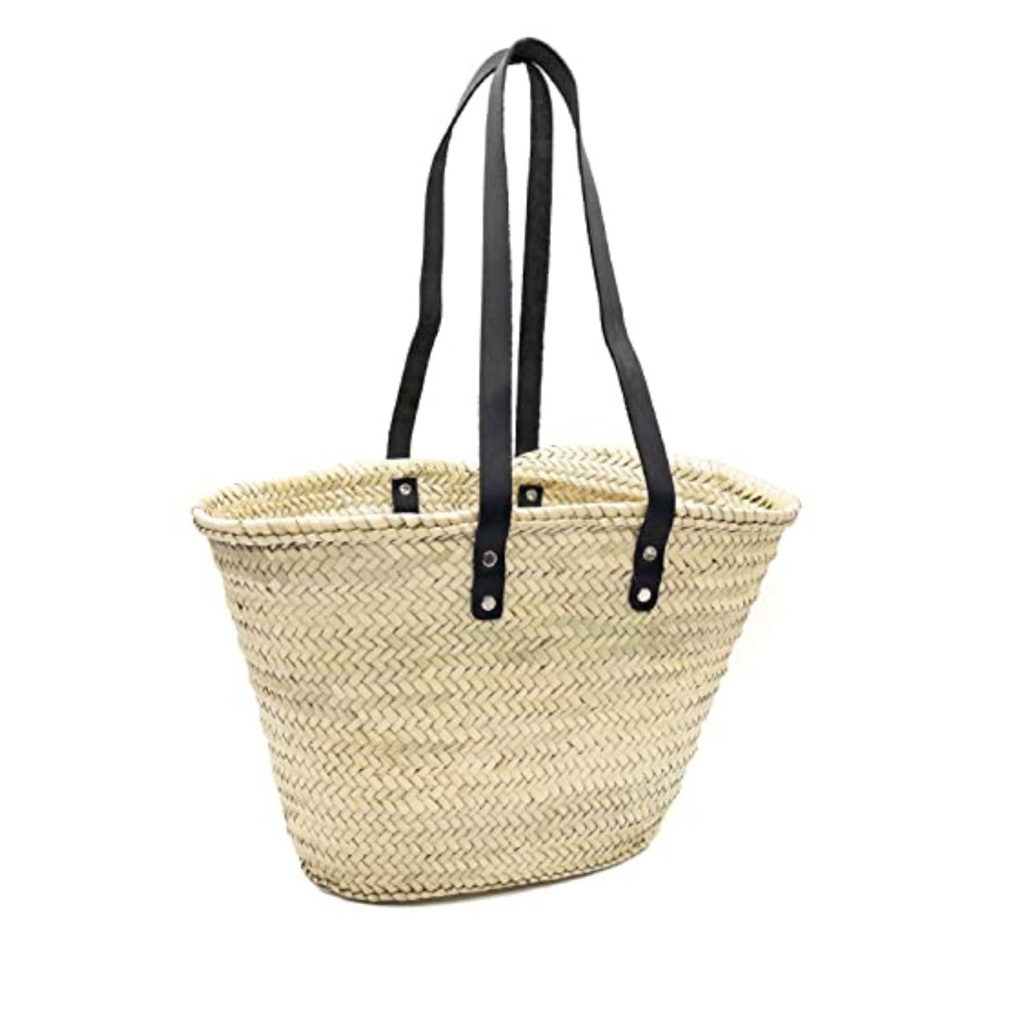 French Basket Woven Palm Leaves With Leather Handles Beach Bag