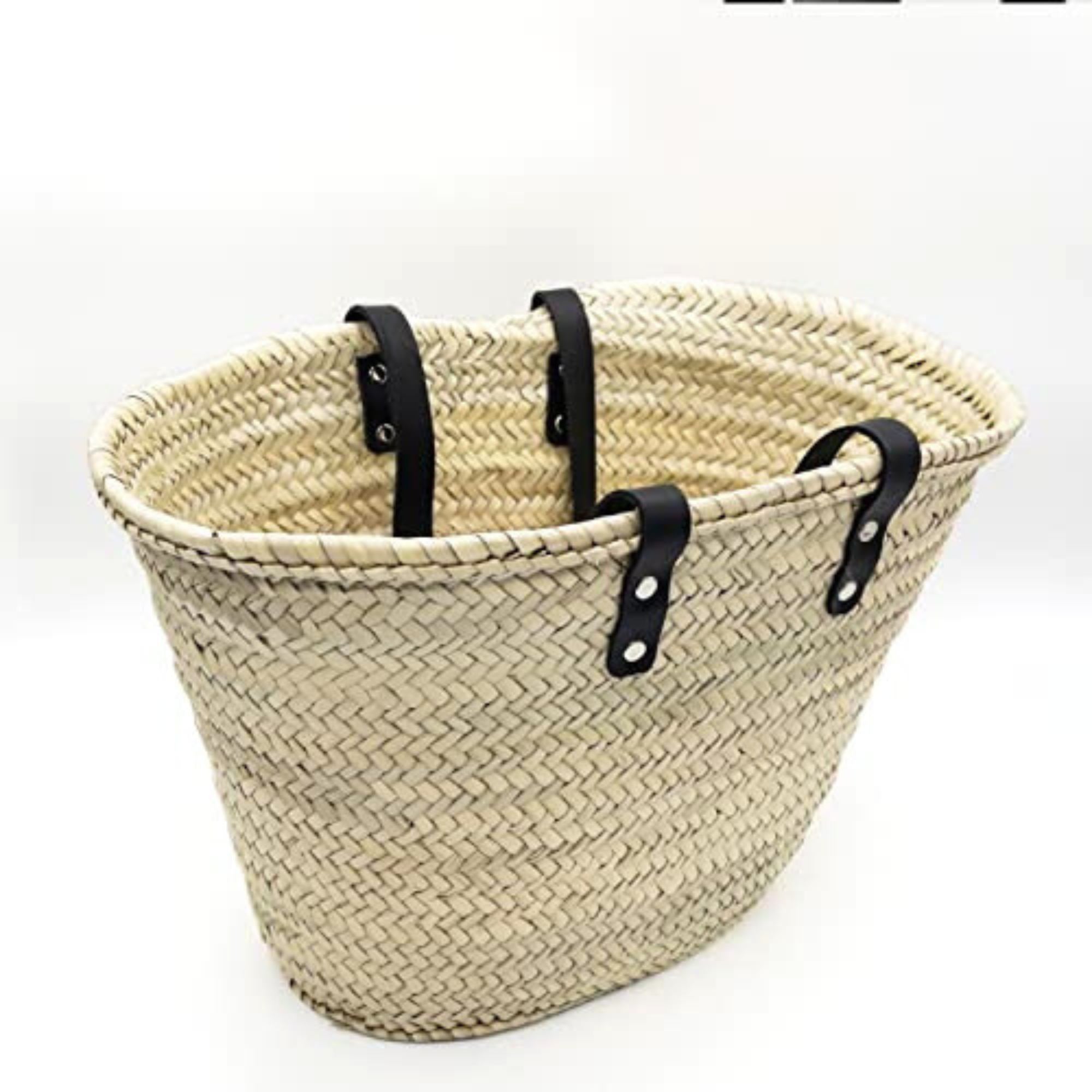 French Basket Woven Palm Leaves With Leather Handles Beach Bag