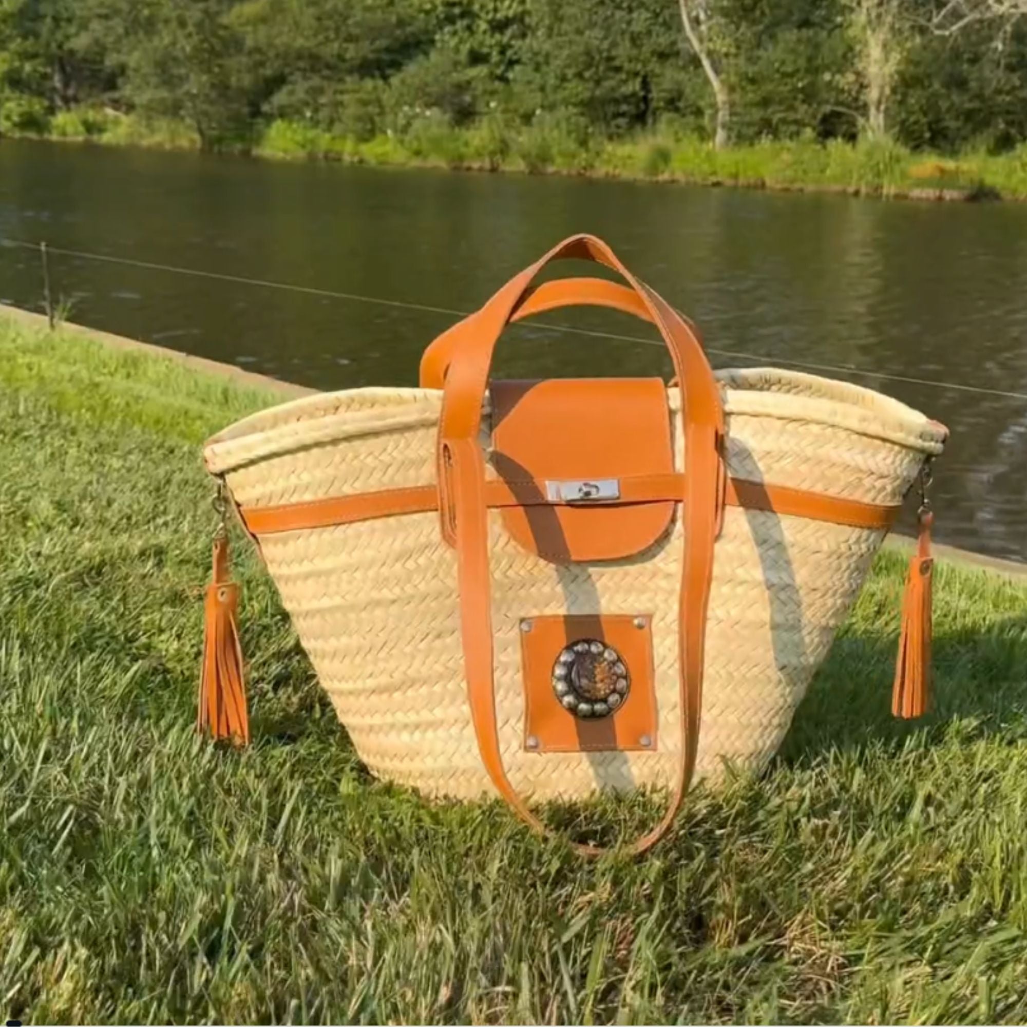 Handmade large straw french baskets with leather straps