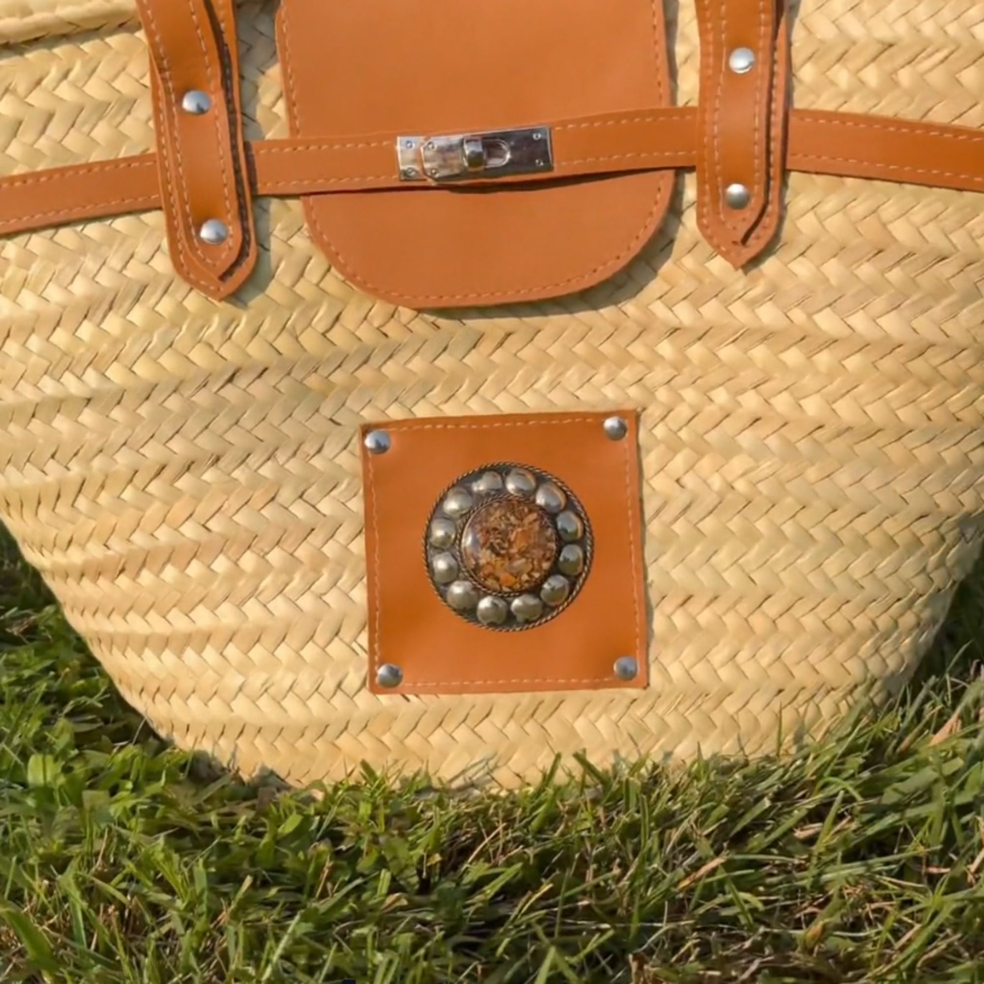 Handmade large straw french baskets with leather straps